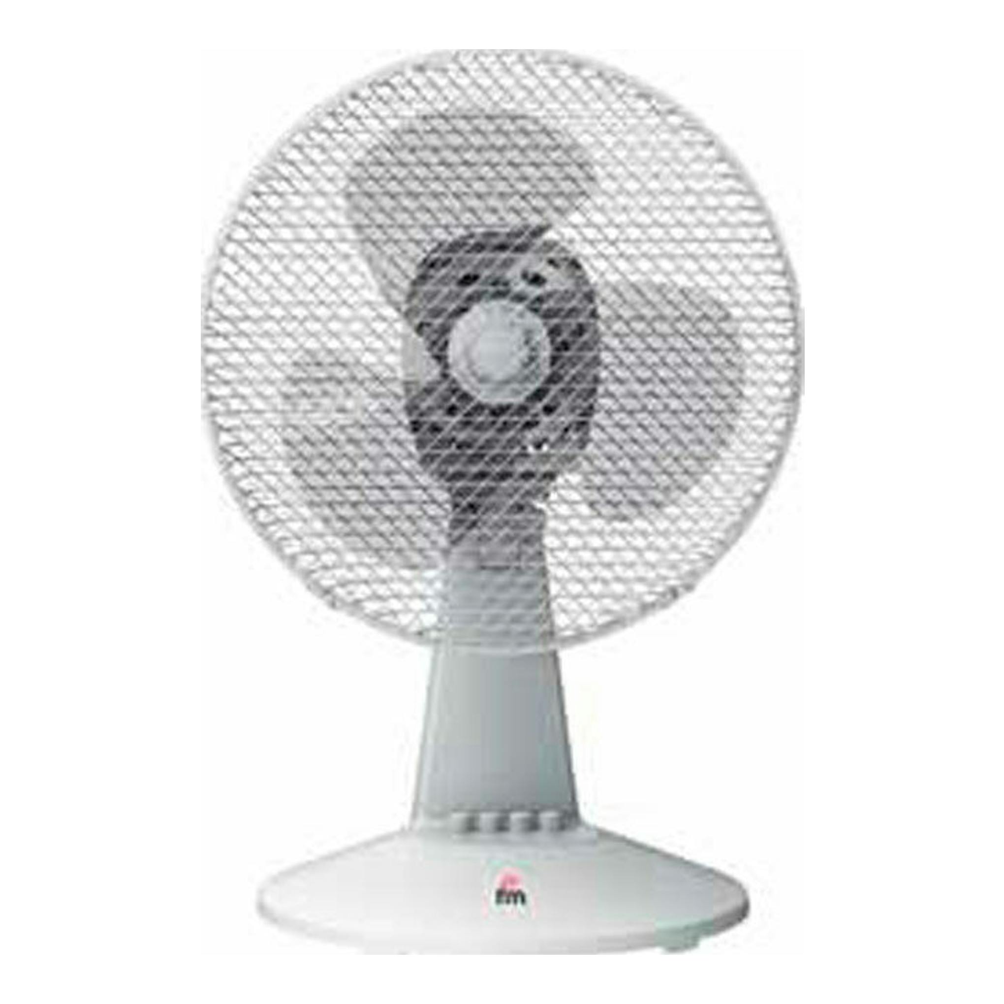 Ventilador de sobremesa FM SB130 blanco, vista frontal, con rejilla circular y base redonda.