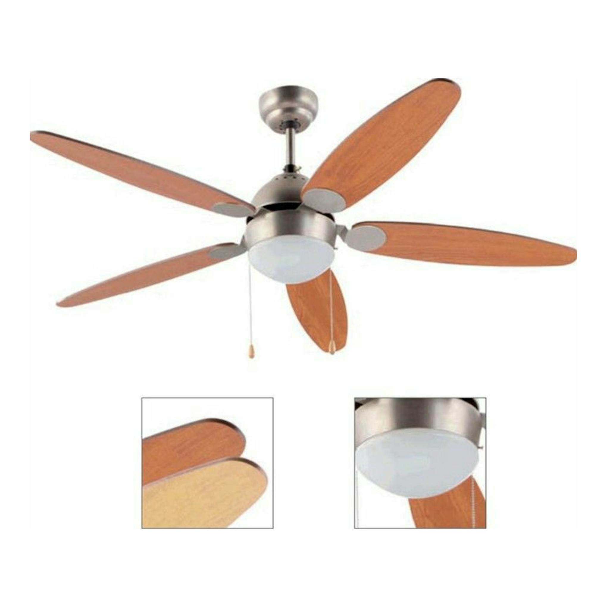 Ventilador de techo FM VT130, color plata y aspas de madera, vista frontal con luz central.