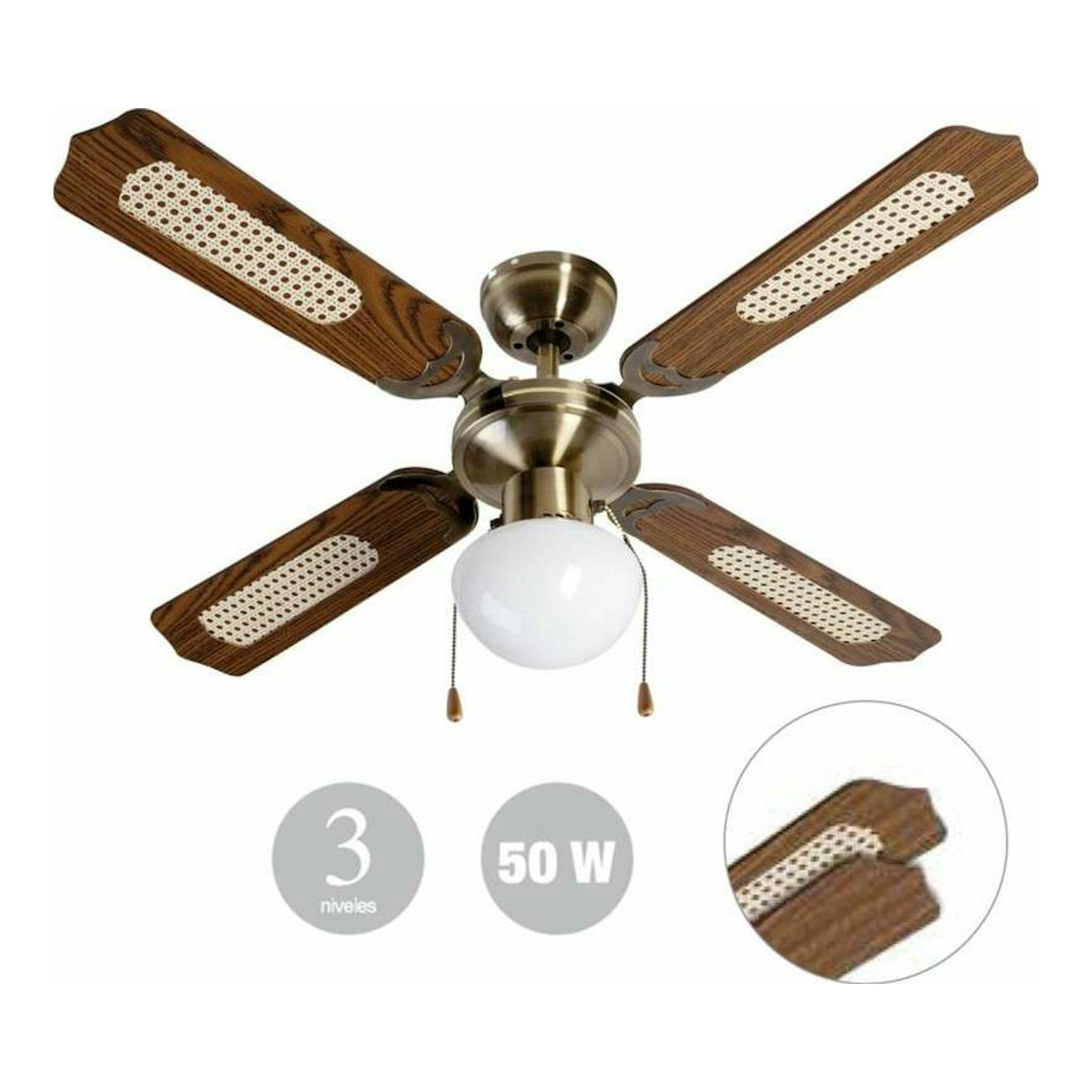Ventilador de techo FM VTCLASSIC105, acabado madera y bronce, con luz, 4 aspas y cadenas de tiro.