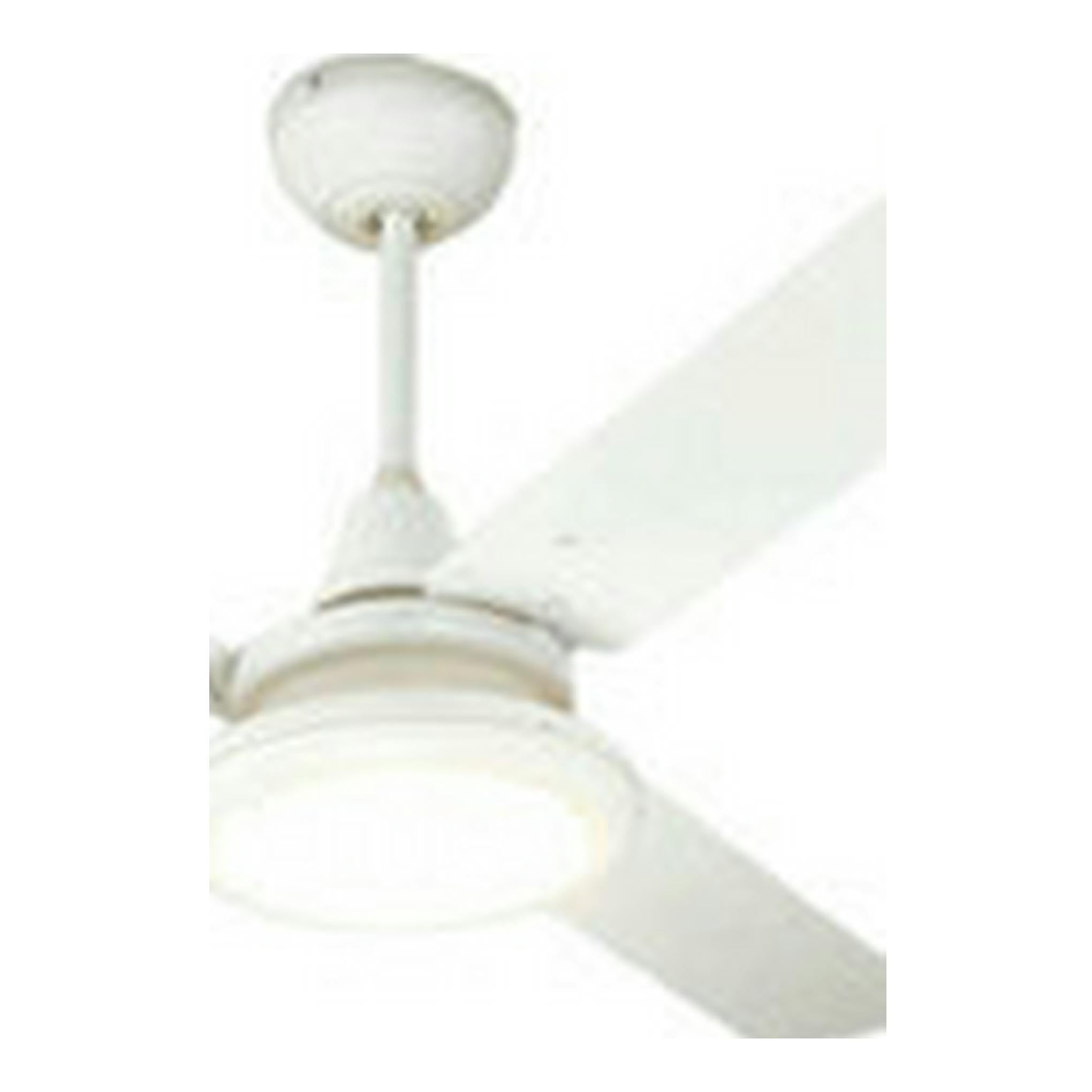 Ventilador de techo blanco FM VTI1140L con tres aspas y luz circular, visto en ángulo inferior.