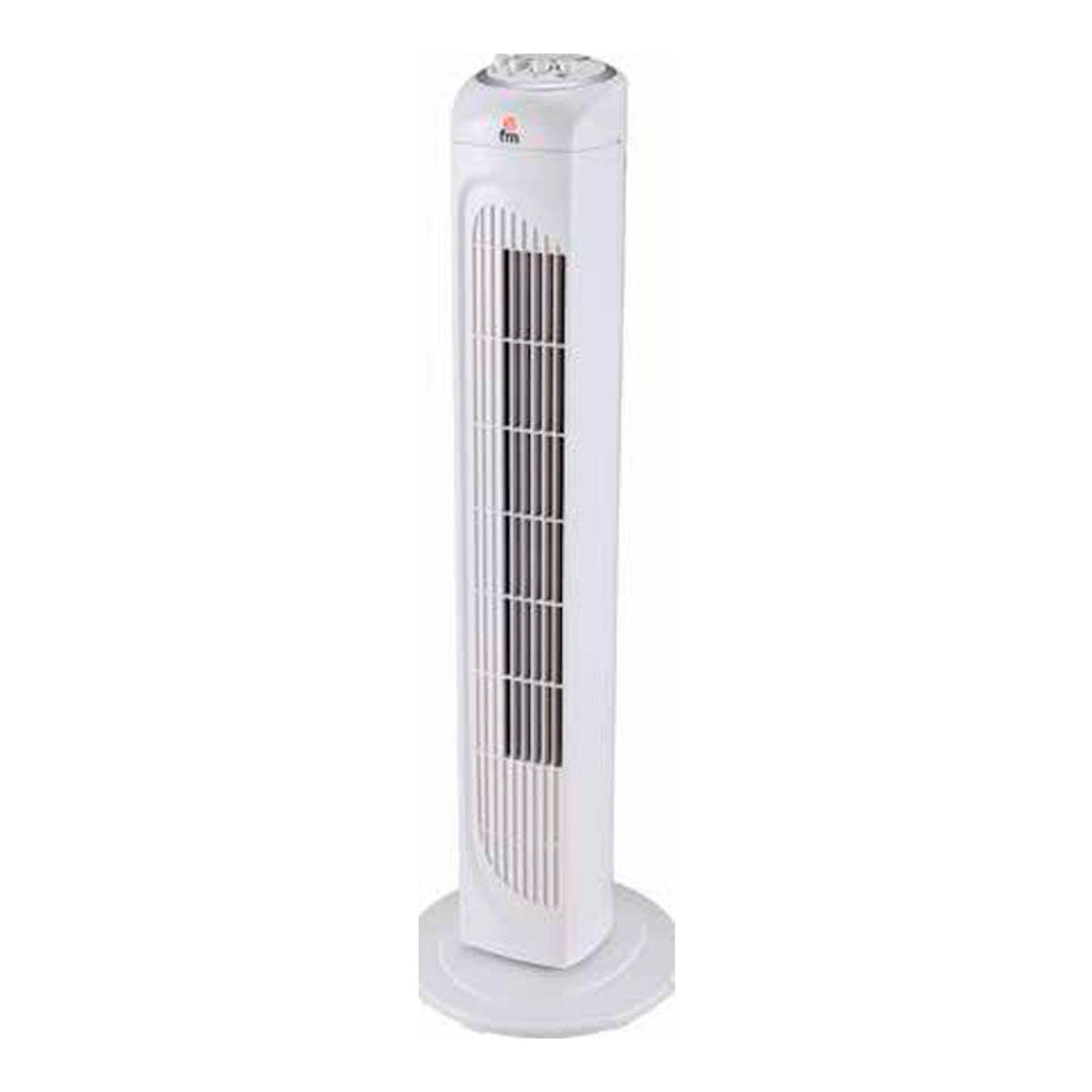 Ventilador de torre FM VTR20 blanco, vista frontal sobre fondo blanco.