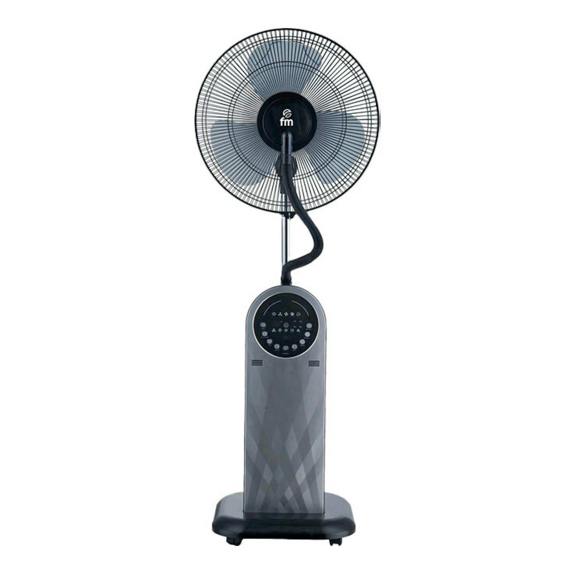 Ventilador nebulizador FM ND95 negro y gris, visto de frente, con base y panel de control.