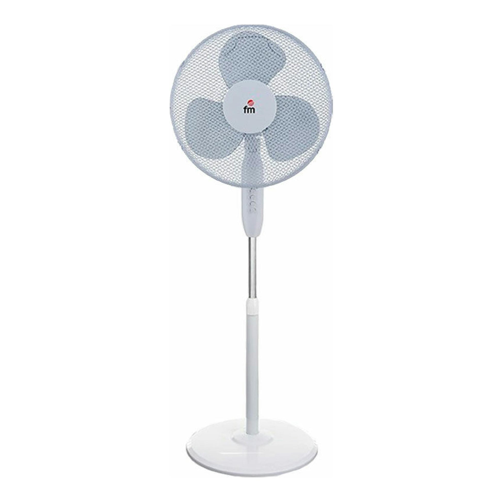 Ventilador de pie FM VP40 blanco, vista frontal, con base redonda y rejilla circular.