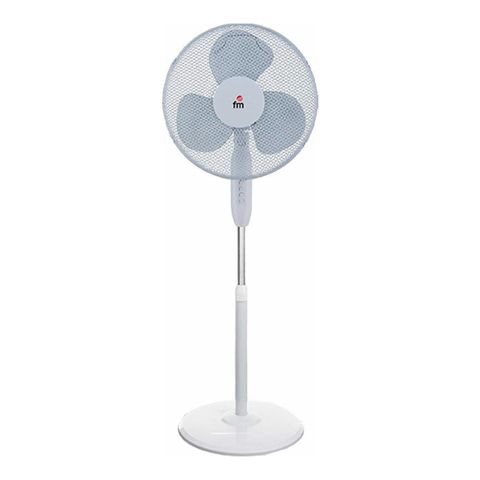 Ventilador de pie FM VP40 blanco, vista frontal, con base redonda y rejilla circular.