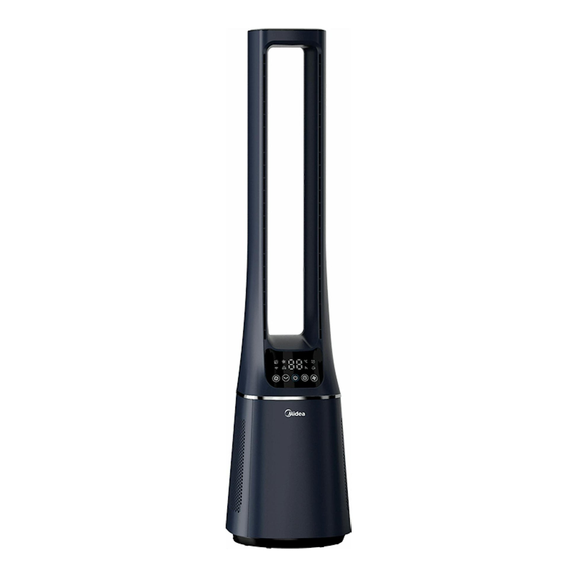 Ventilador sin aspas Midea AMS150-PBW, vista frontal, azul oscuro y negro, con panel digital.