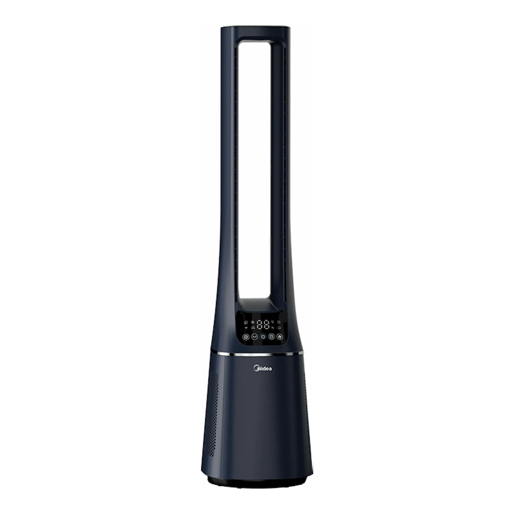 Ventilador sin aspas Midea AMS150-PBW, vista frontal, azul oscuro y negro, con panel digital.
