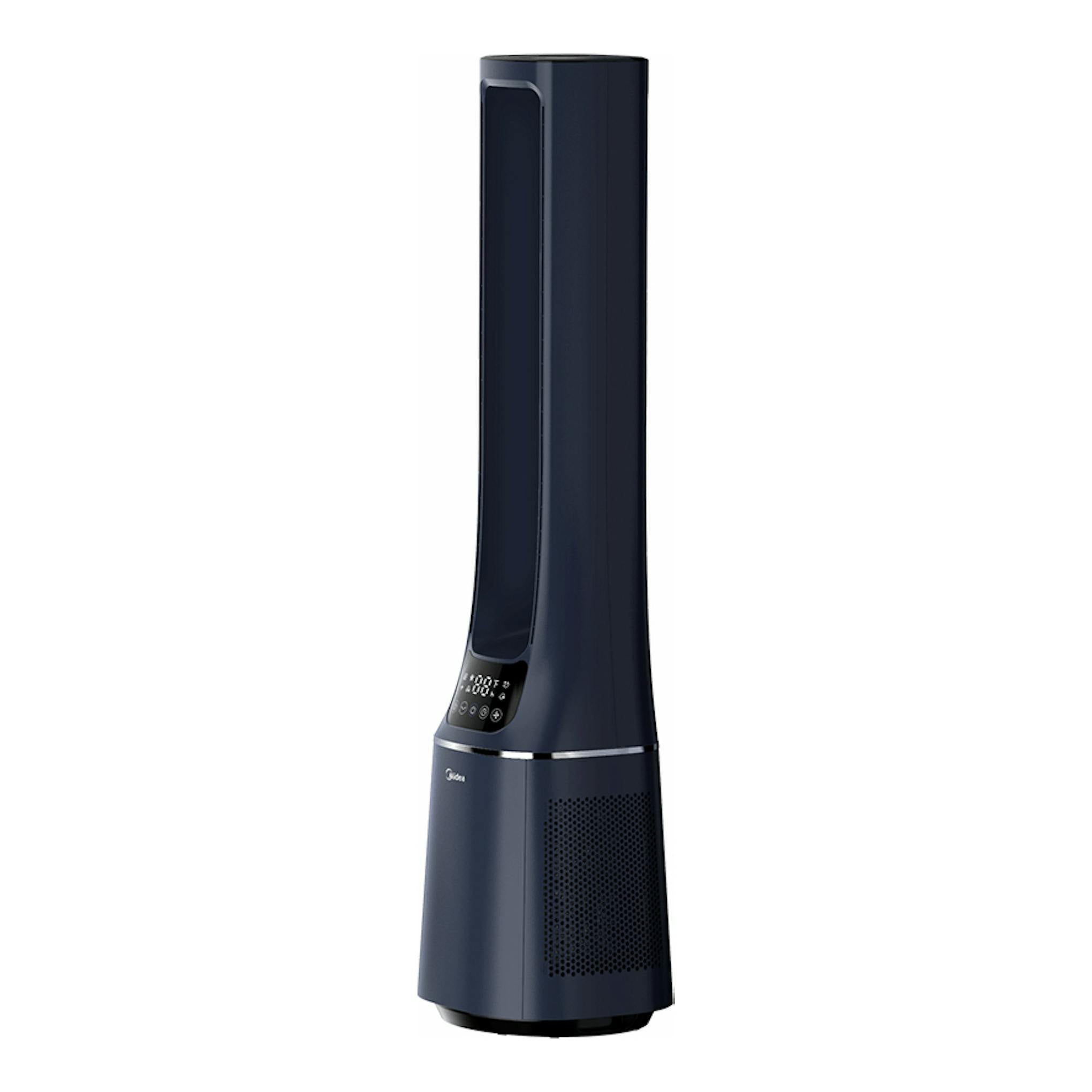 Midea AMS150-PBW, ventilador sin aspas vertical negro, vista frontal en ángulo, con panel de control y rejilla.