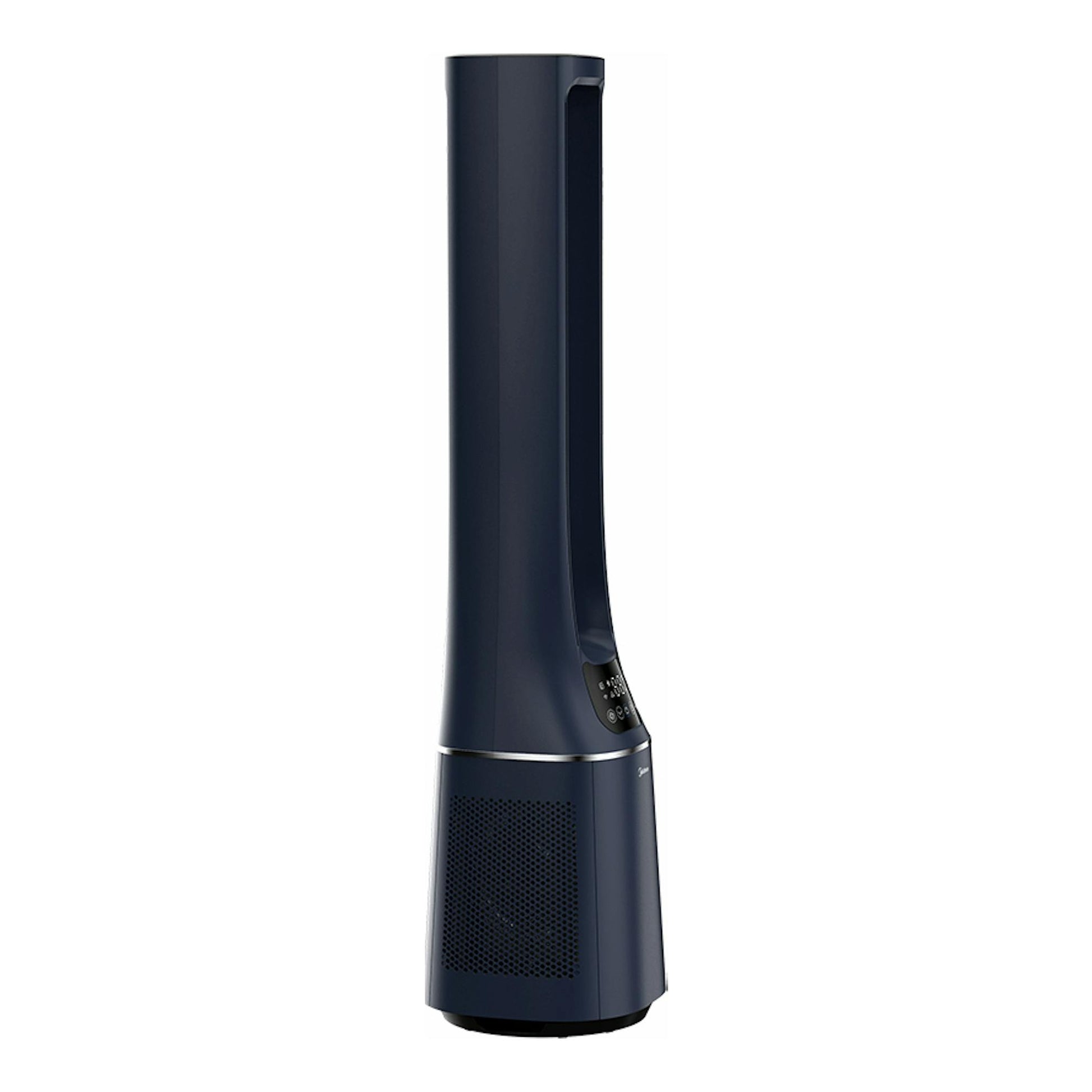 Ventilador sin aspas Midea AMS150-PBW, vista frontal, azul oscuro, diseño vertical con panel inferior perforado.