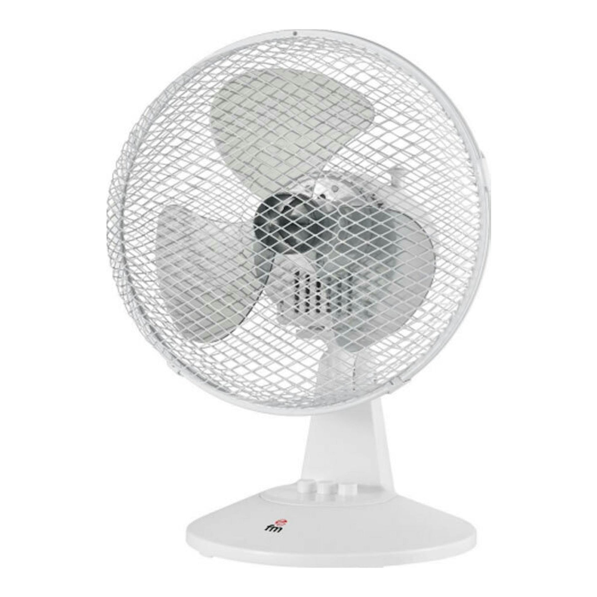 Ventilador de sobremesa FM SB-140 blanco, vista frontal, con rejilla metálica y tres aspas.