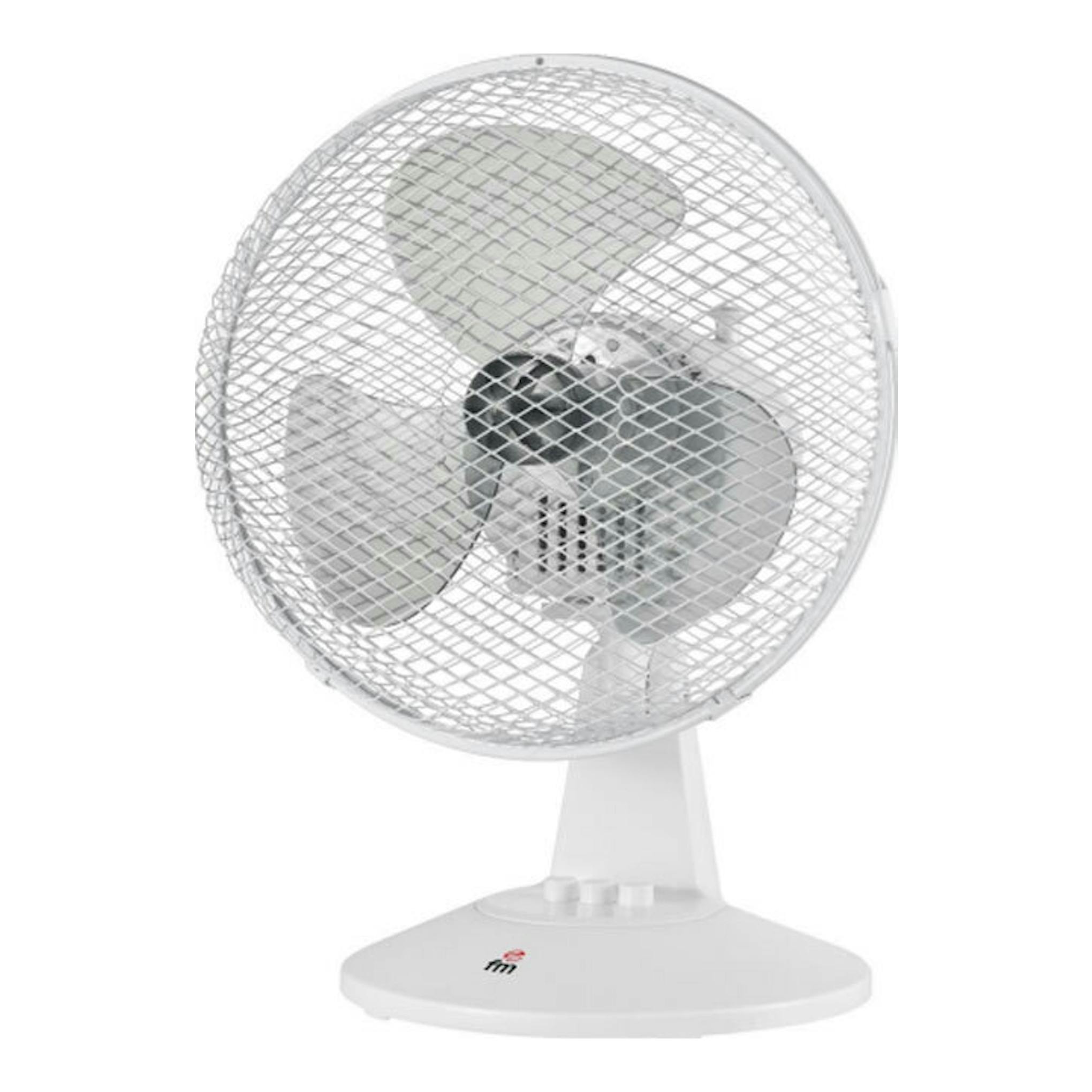 Ventilador de sobremesa FM SB-140 blanco, vista frontal, con rejilla metálica y tres aspas.