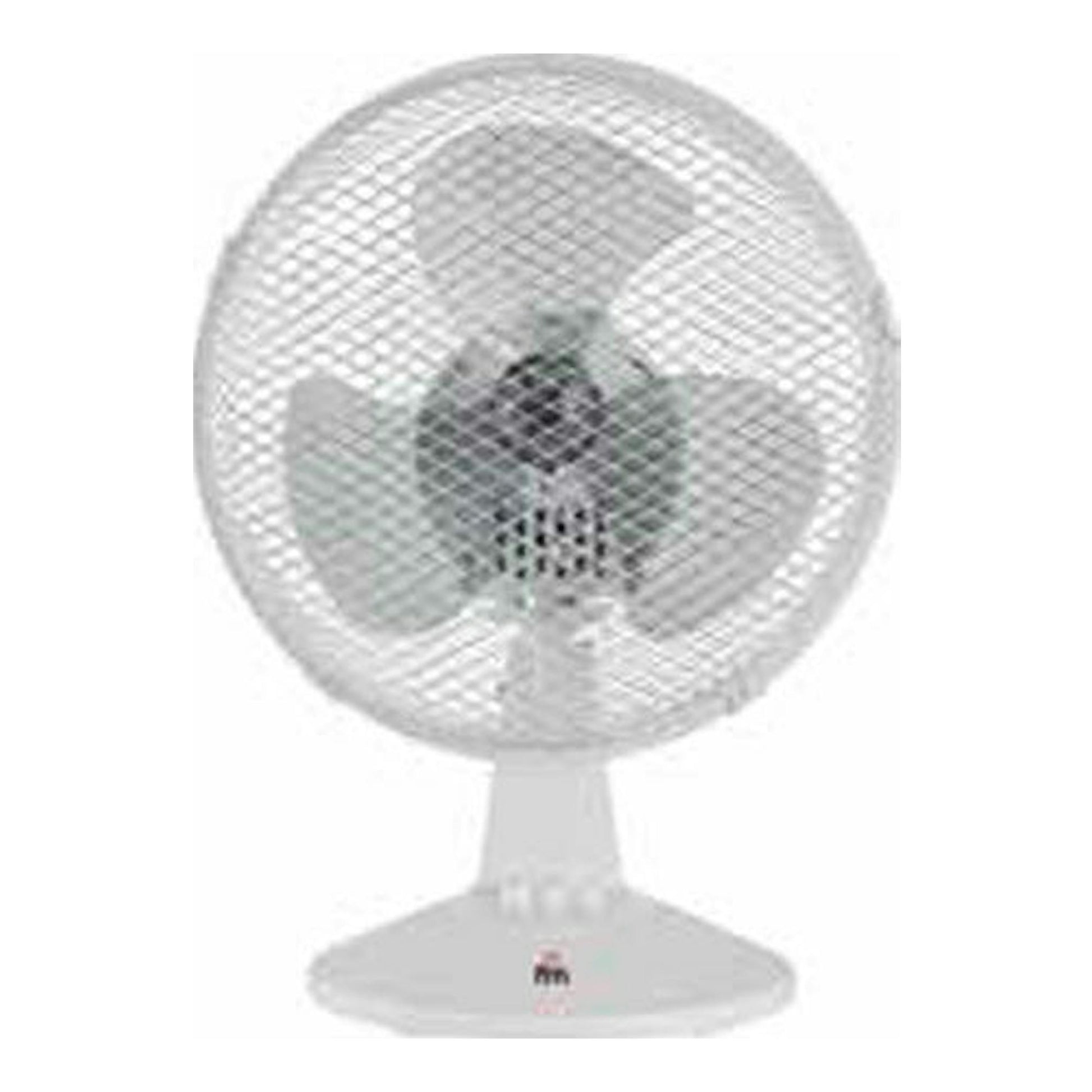 Ventilador de sobremesa FM SB123 blanco, vista frontal, con rejilla circular y base redonda.