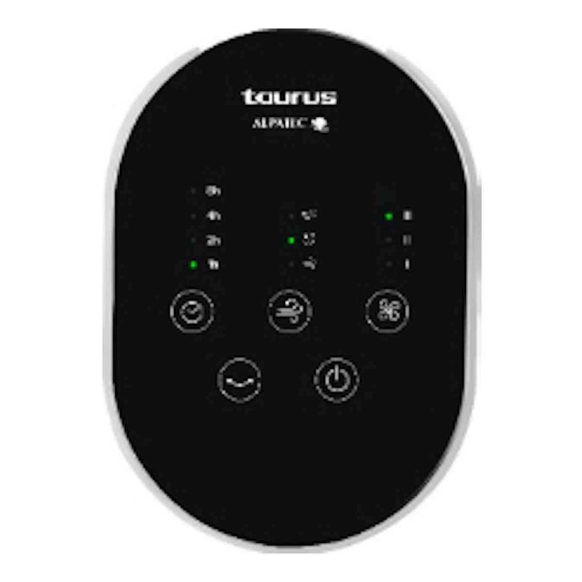 Panel frontal negro del ventilador de torre Taurus Babel Infinite, con pantalla LED y botones táctiles.