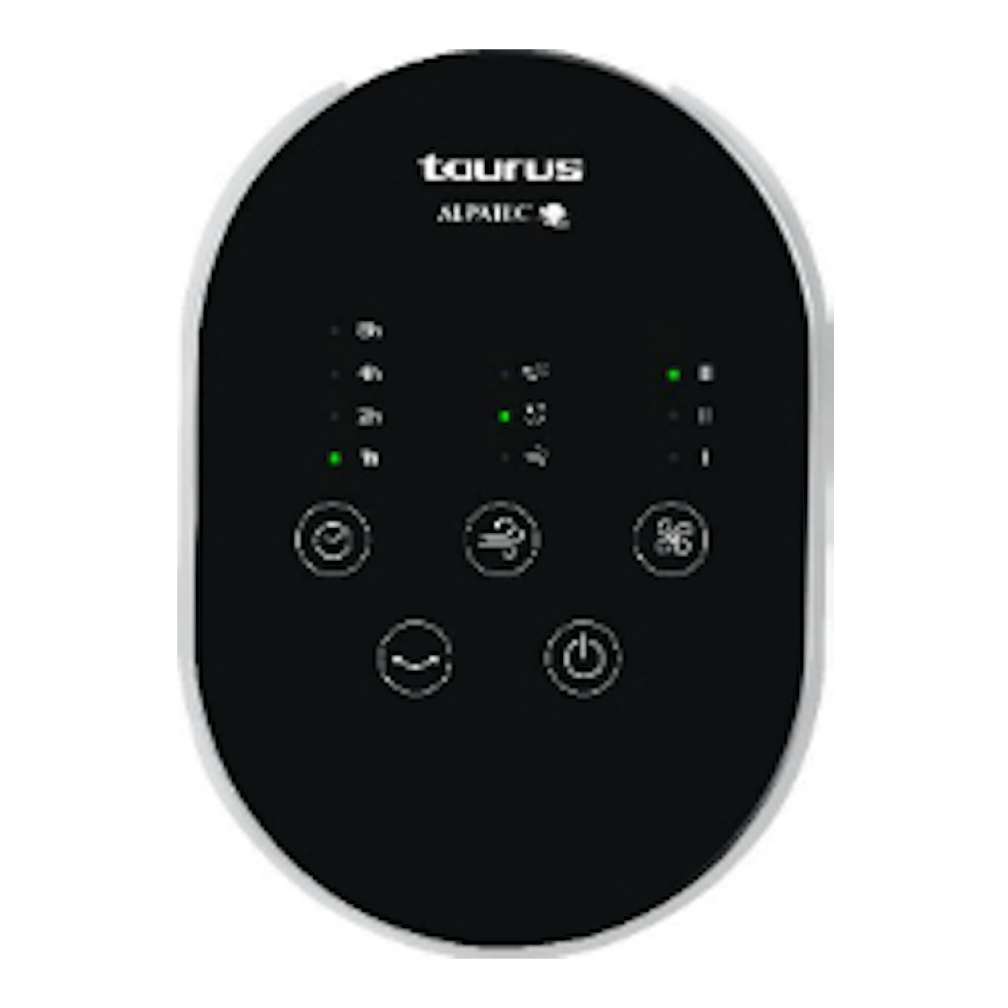 Panel frontal negro del ventilador de torre Taurus Babel Infinite, con pantalla LED y botones táctiles.