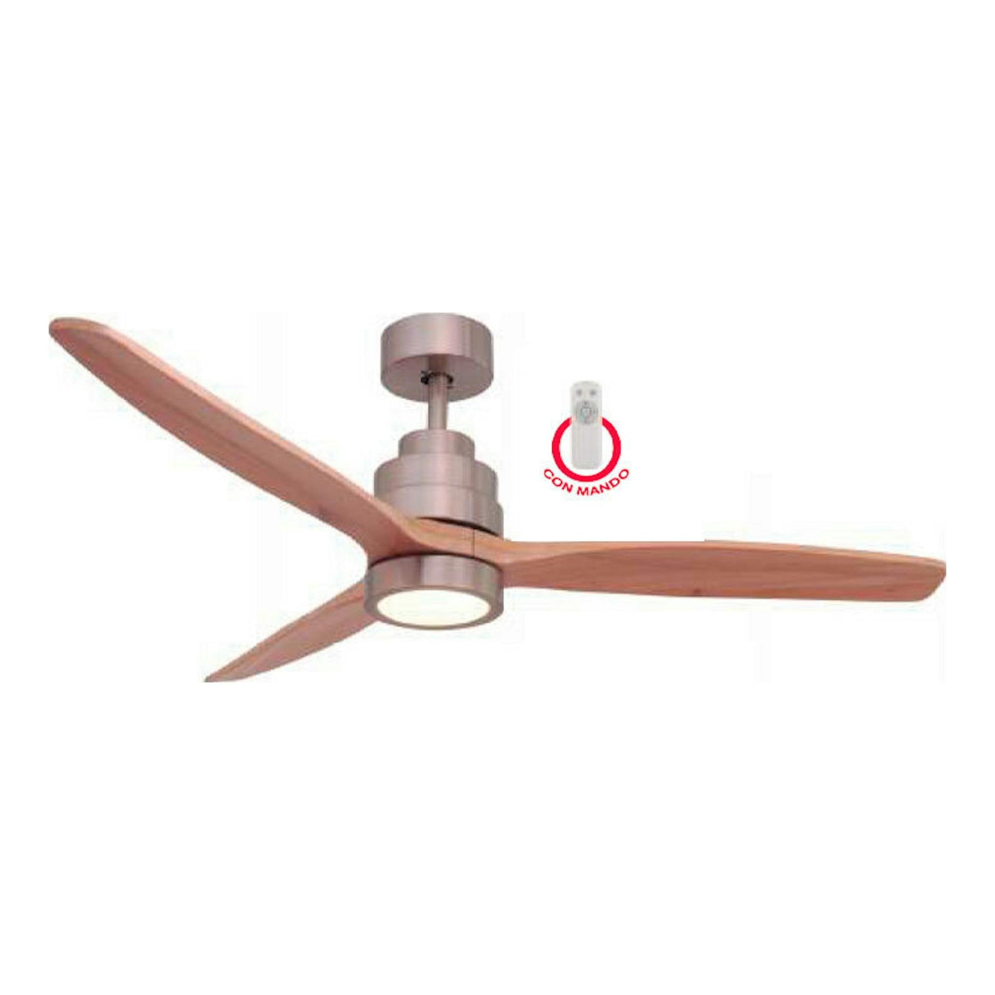 Ventilador de techo FM VT-7000 L, vista frontal, con tres aspas de madera y cuerpo plateado, con mando.