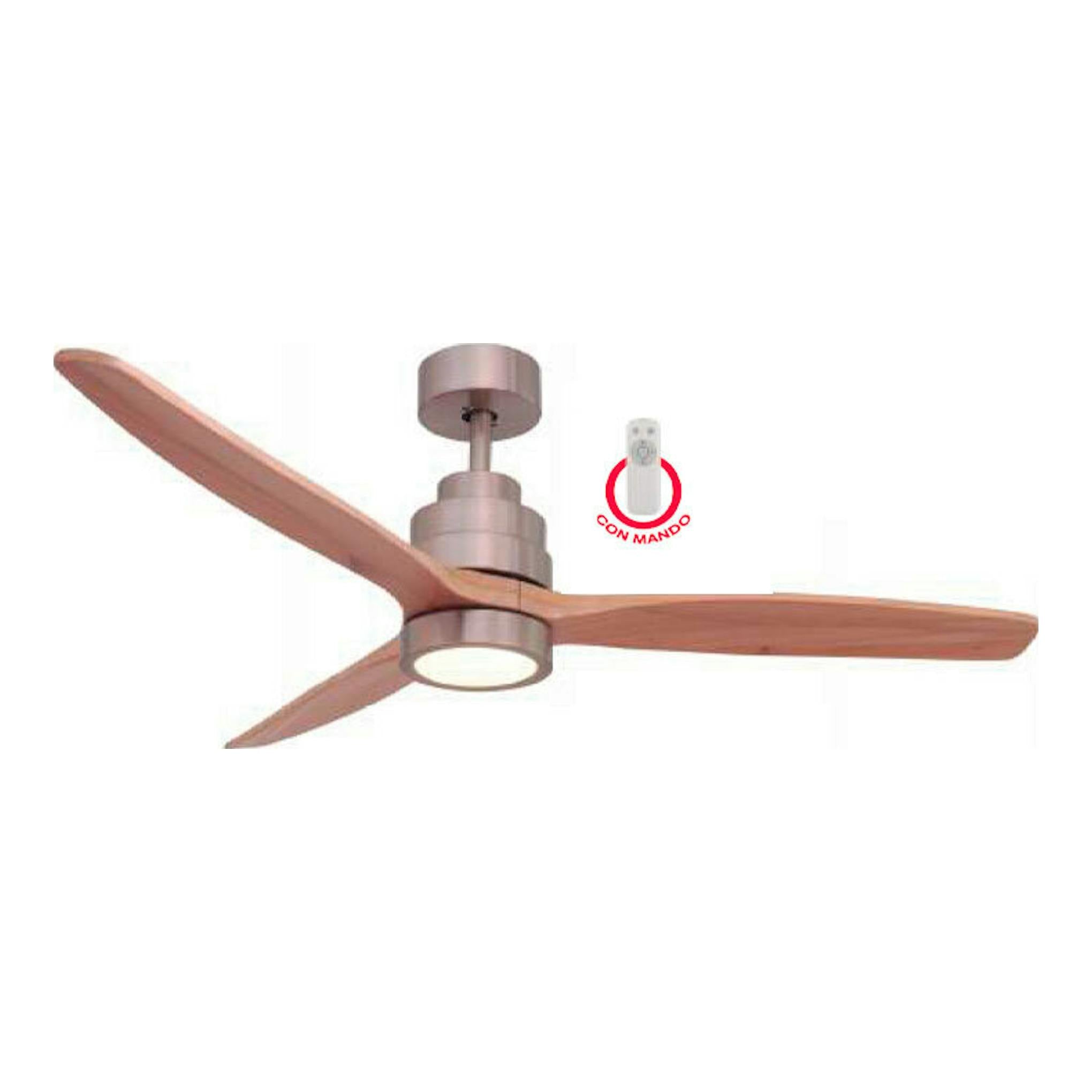 Ventilador de techo FM VT-7000 L, vista frontal, con tres aspas de madera y cuerpo plateado, con mando.