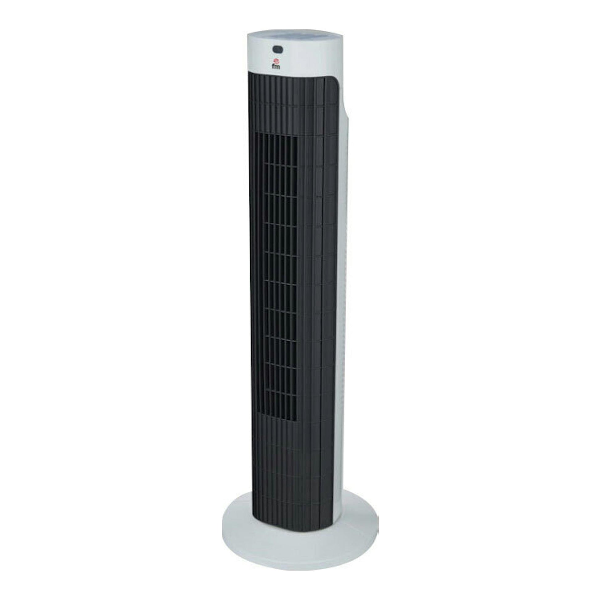 Ventilador torre FM VTR-20 M negro y blanco, vista frontal sobre fondo blanco.