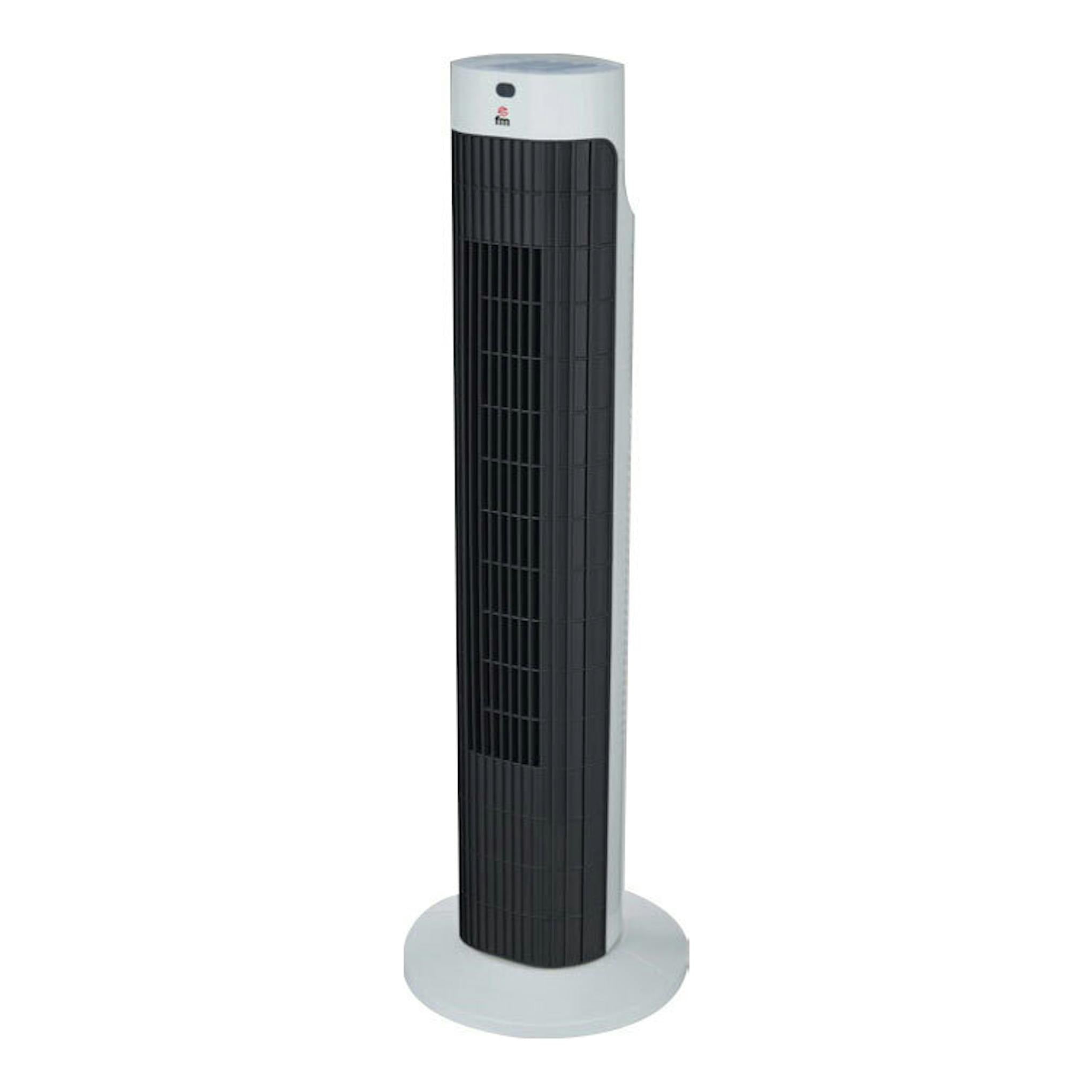 Ventilador torre FM VTR-20 M negro y blanco, vista frontal sobre fondo blanco.