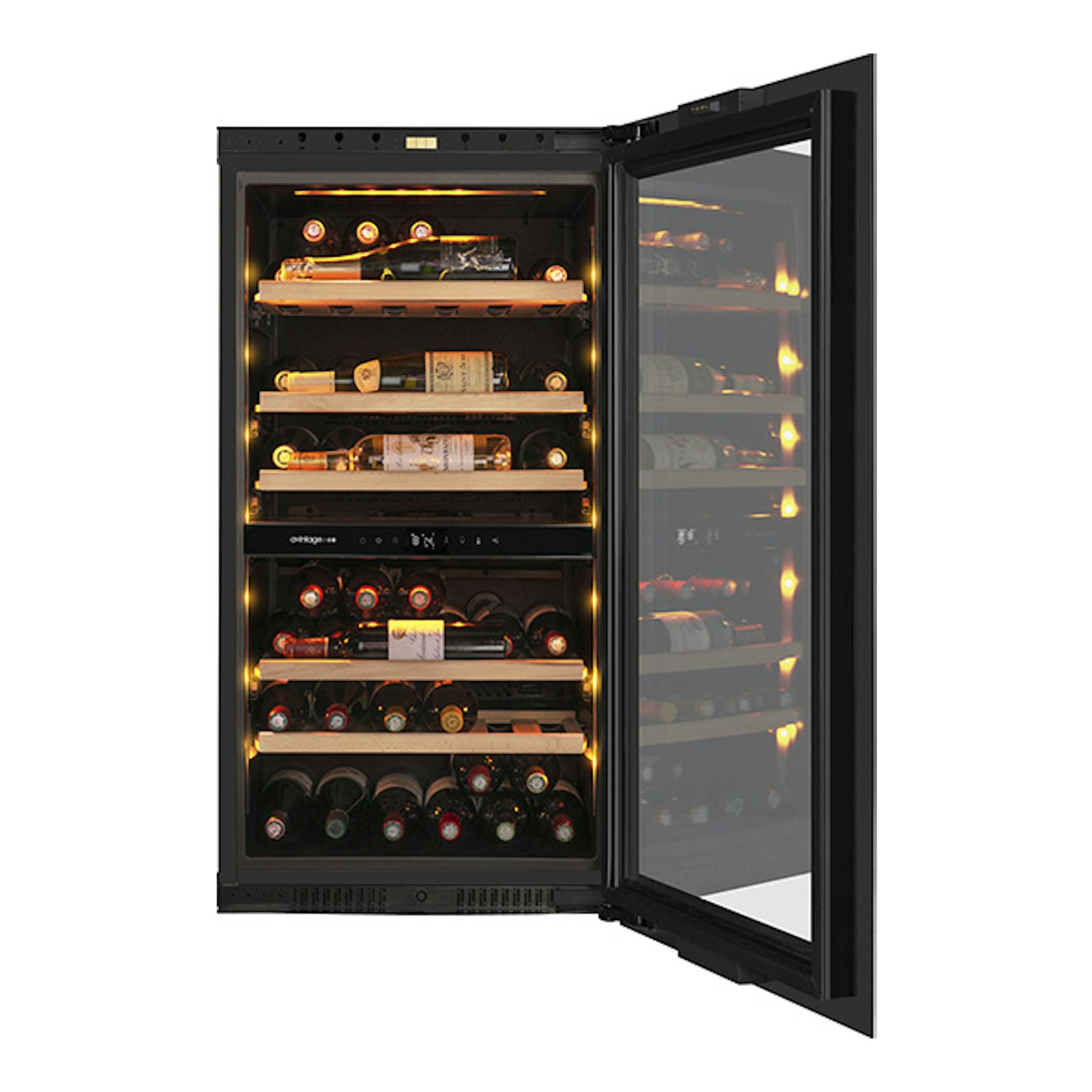 Vinoteca Avintage AVI105PLATINUM negra, vista frontal con la puerta de cristal abierta e interior iluminado.