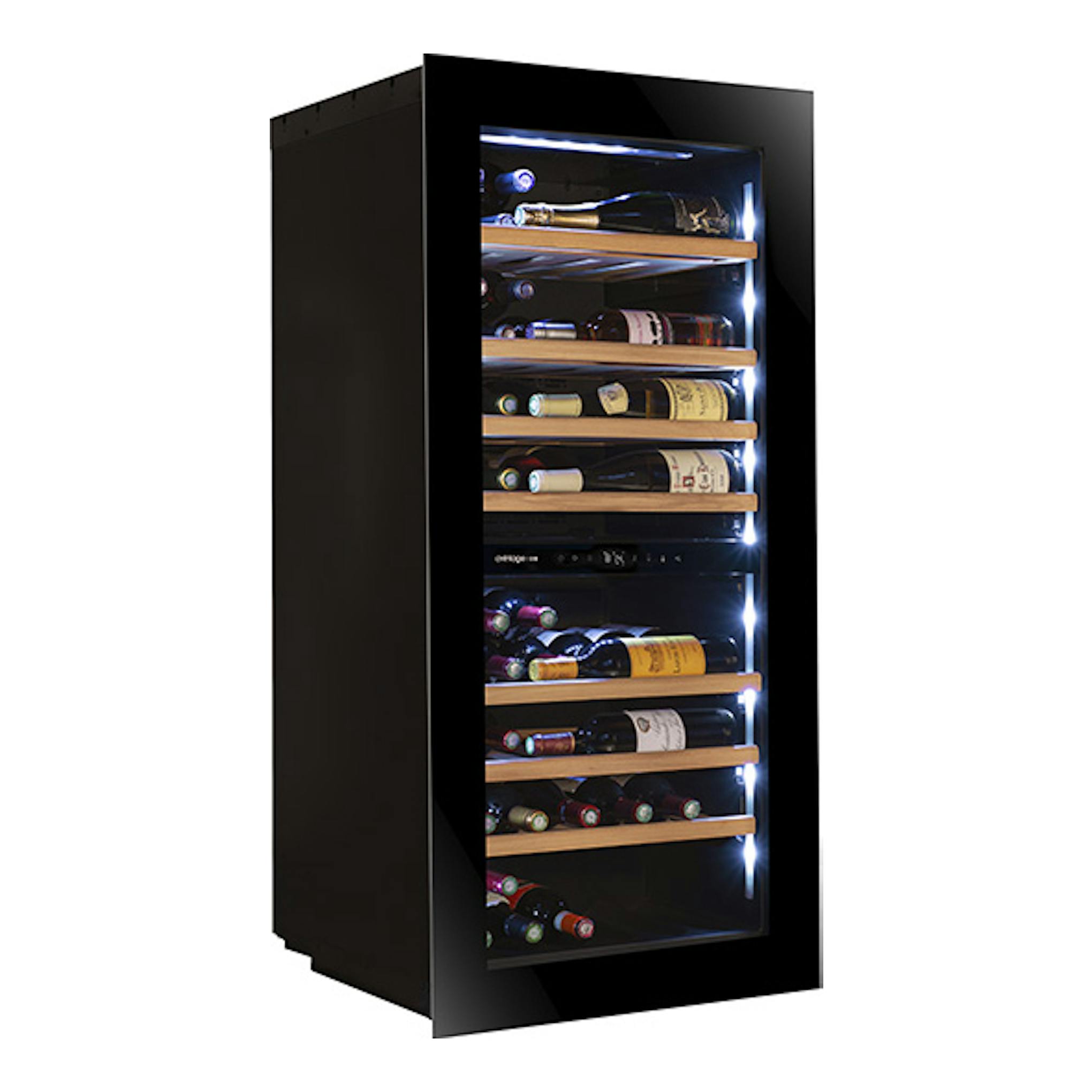 Vinoteca Avintage AVI122PLATINUM negra, vista frontal en ángulo, con botellas en estantes iluminados.