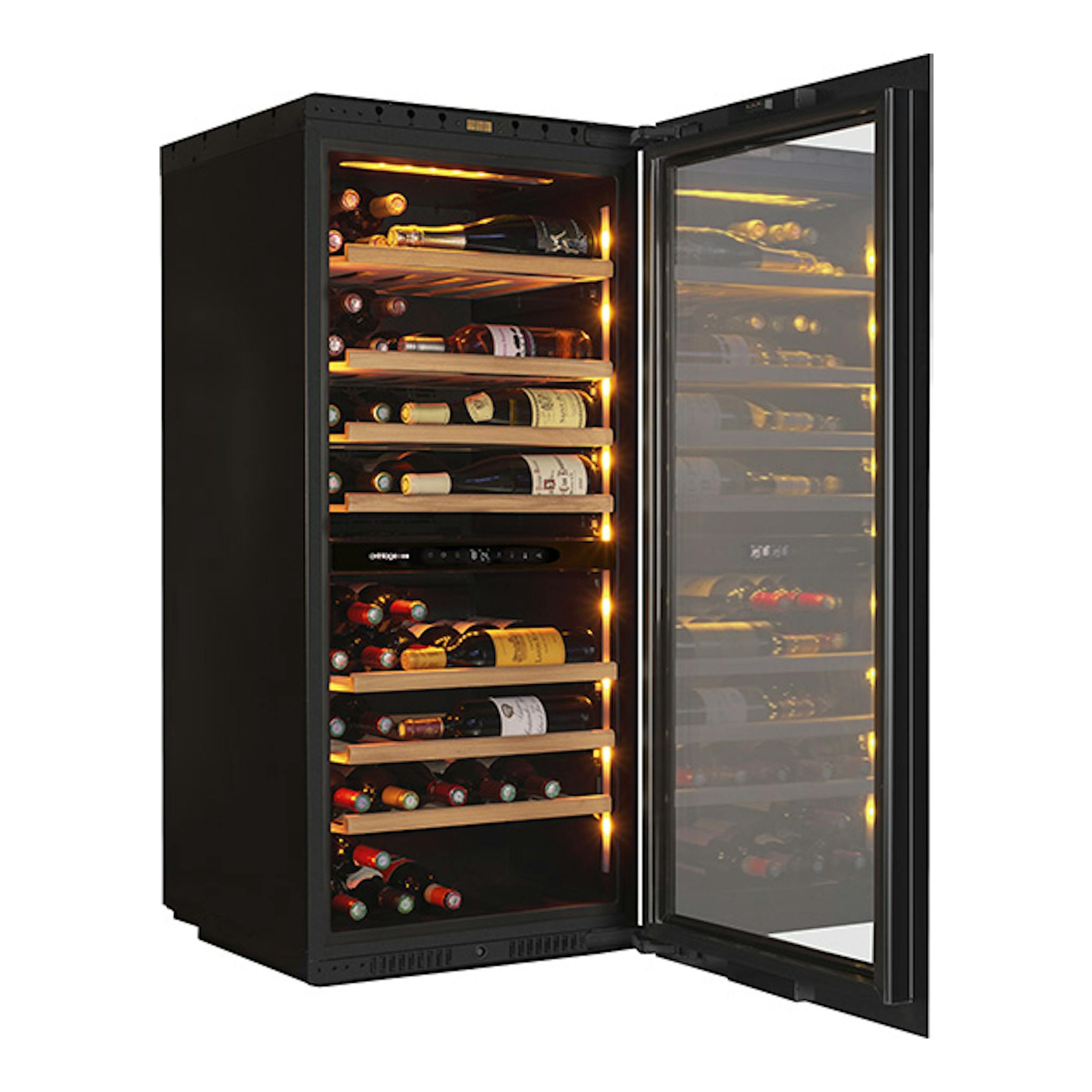 Vinoteca Avintage AVI122PLATINUM negra, vista frontal con puerta abierta, baldas de madera e iluminación interior.