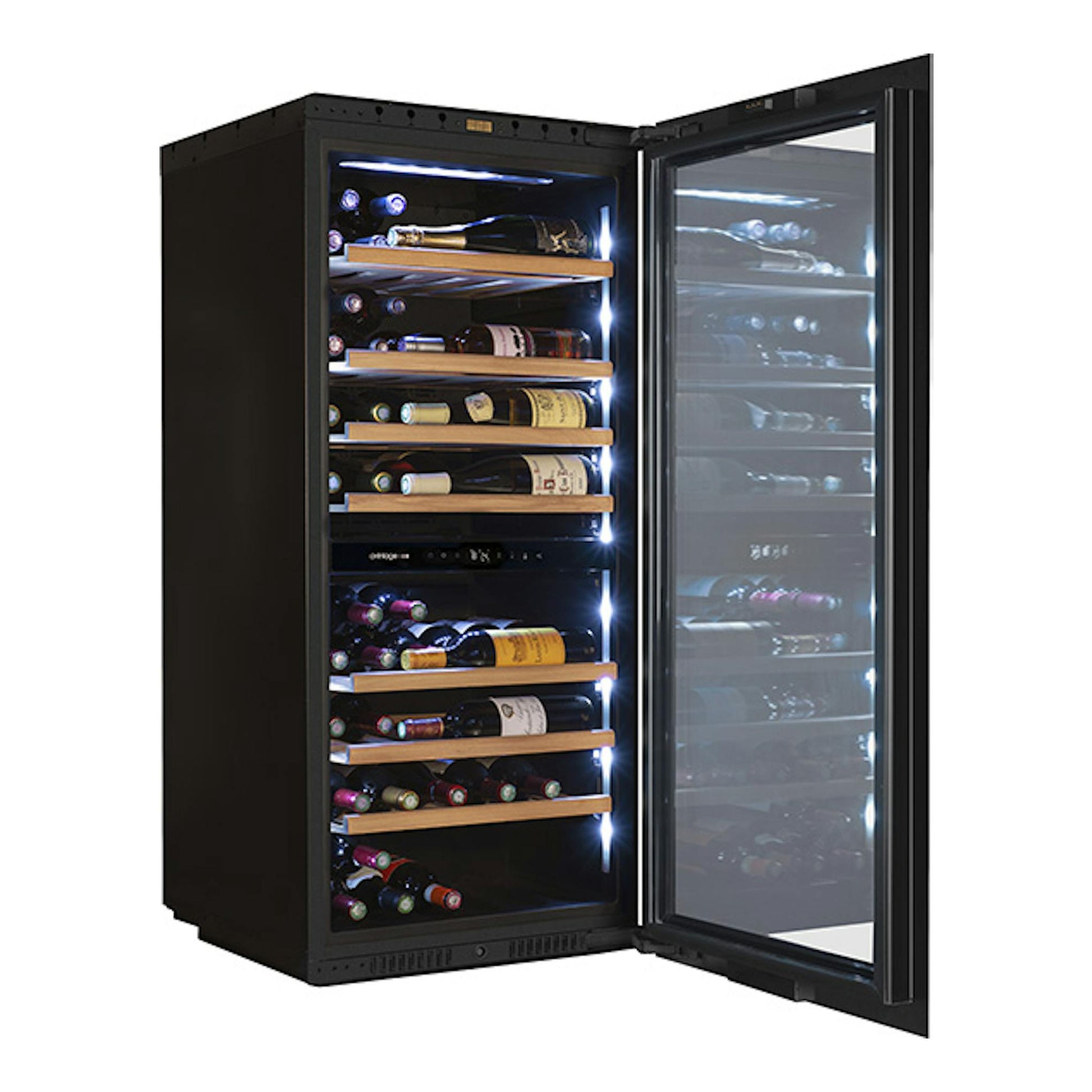 Vinoteca Avintage AVI122PLATINUM negra, vista frontal con puerta abierta y estantes de madera con botellas.