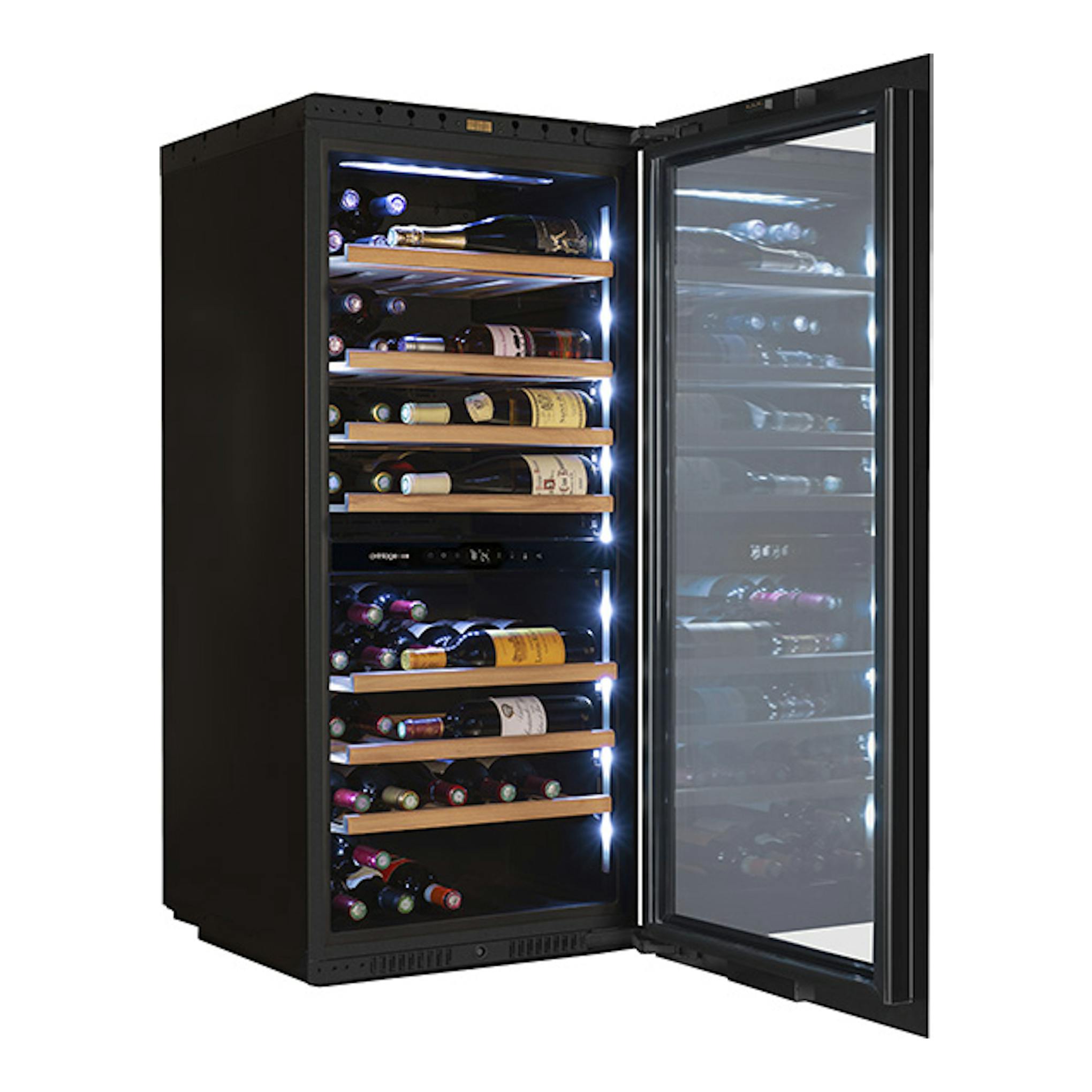Vinoteca Avintage AVI122PLATINUM negra, vista frontal con puerta abierta y estantes de madera con botellas.