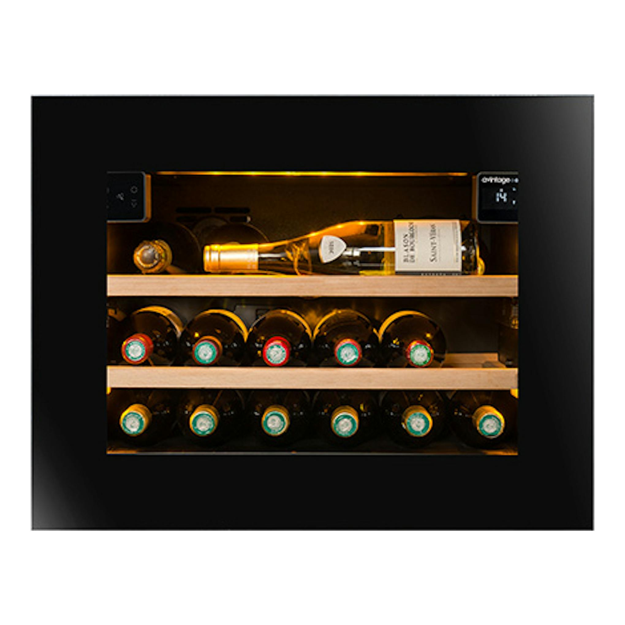 Vinoteca Avintage AVI45PLATINUM negra, vista frontal integrada con botellas y pantalla digital.