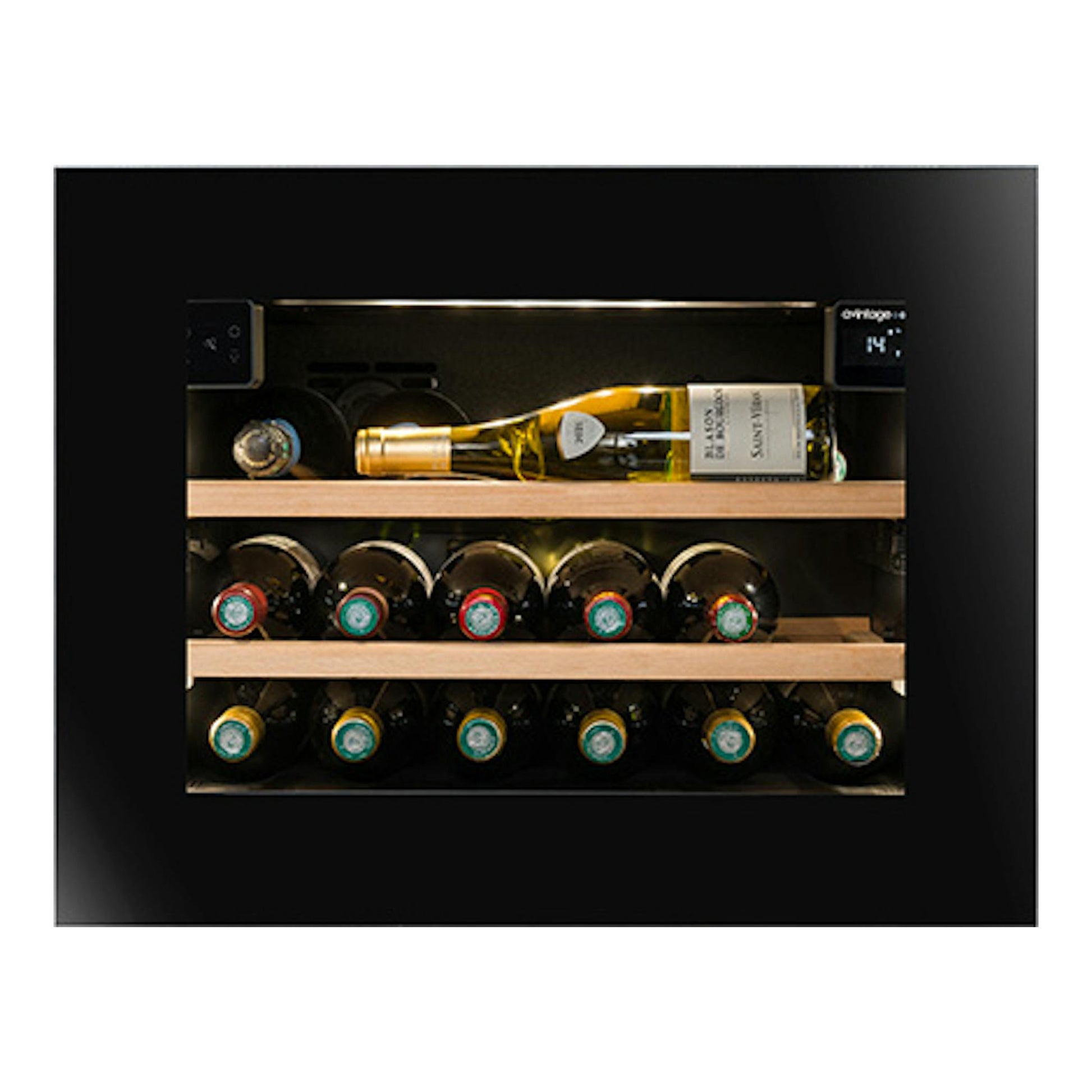 Vinoteca Avintage AVI45PLATINUM negra, vista frontal integrada, con botellas en estantes de madera.