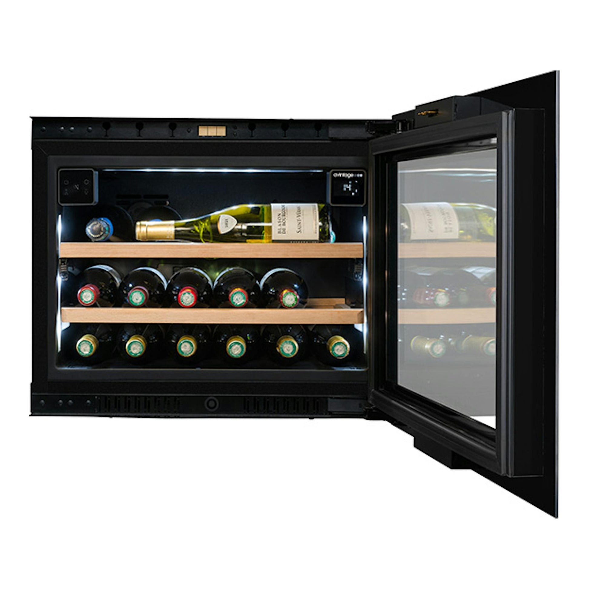 Vinoteca Avintage AVI45PLATINUM negra, vista frontal con la puerta abierta y botellas en estantes de madera.