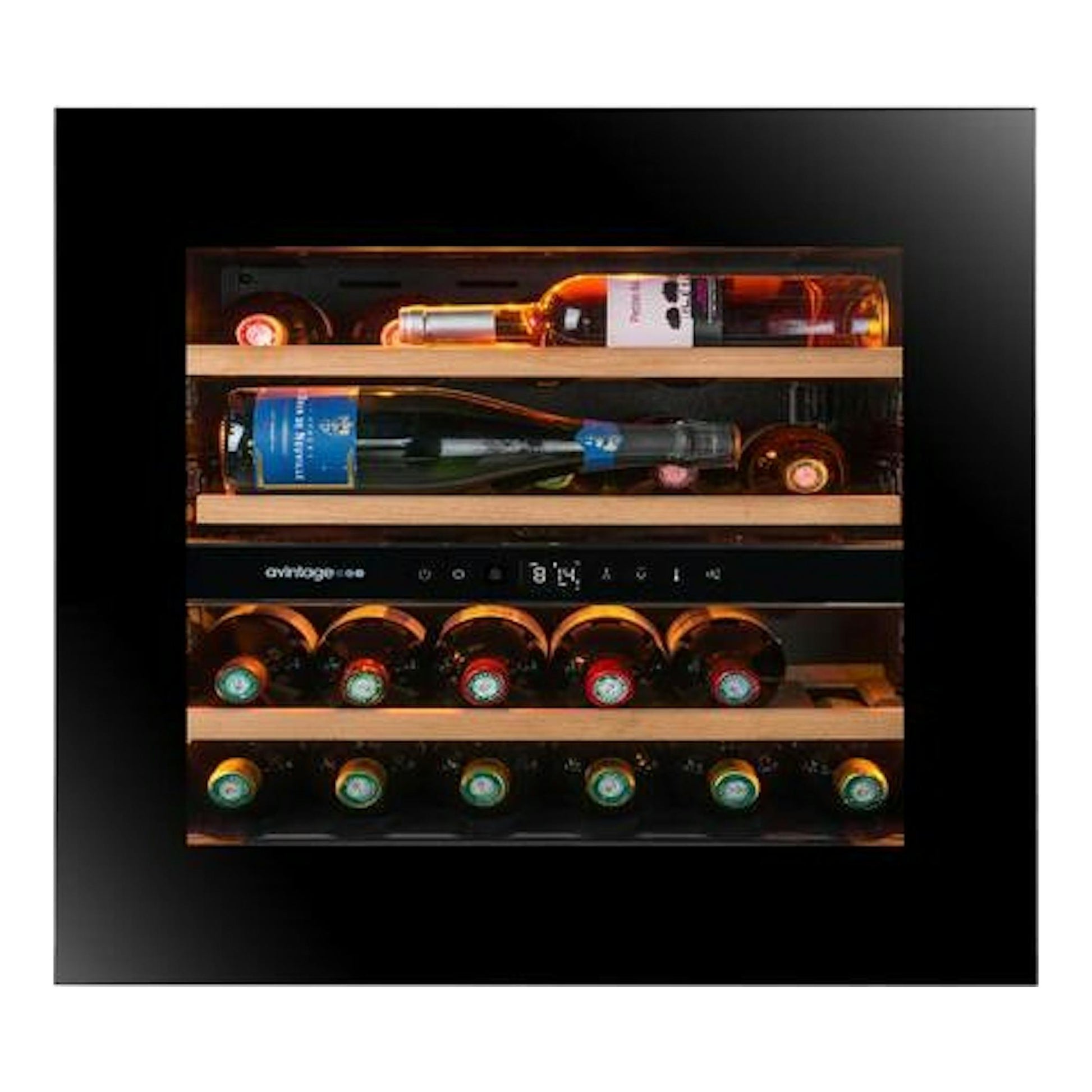 Vinoteca Avintage AVI6075PLATINUM, vista frontal, negra, con estantes de madera y varias botellas.