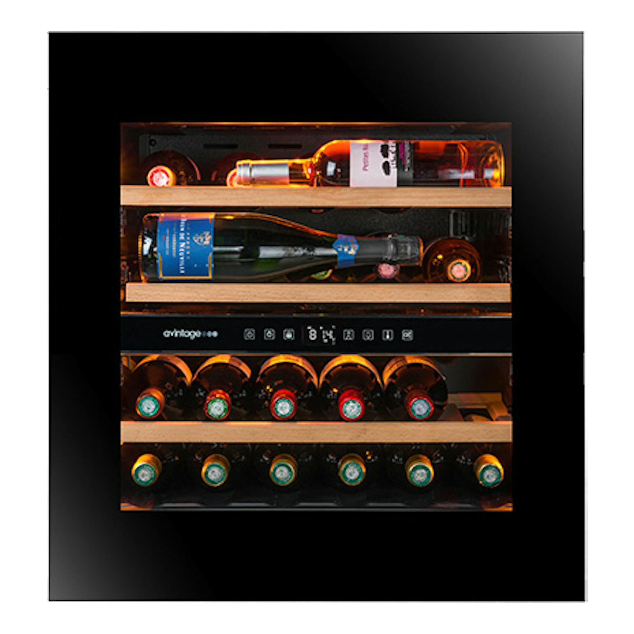 Vinoteca Avintage AVI60PLATINUM negra, vista frontal, con botellas en estantes de madera y panel digital.
