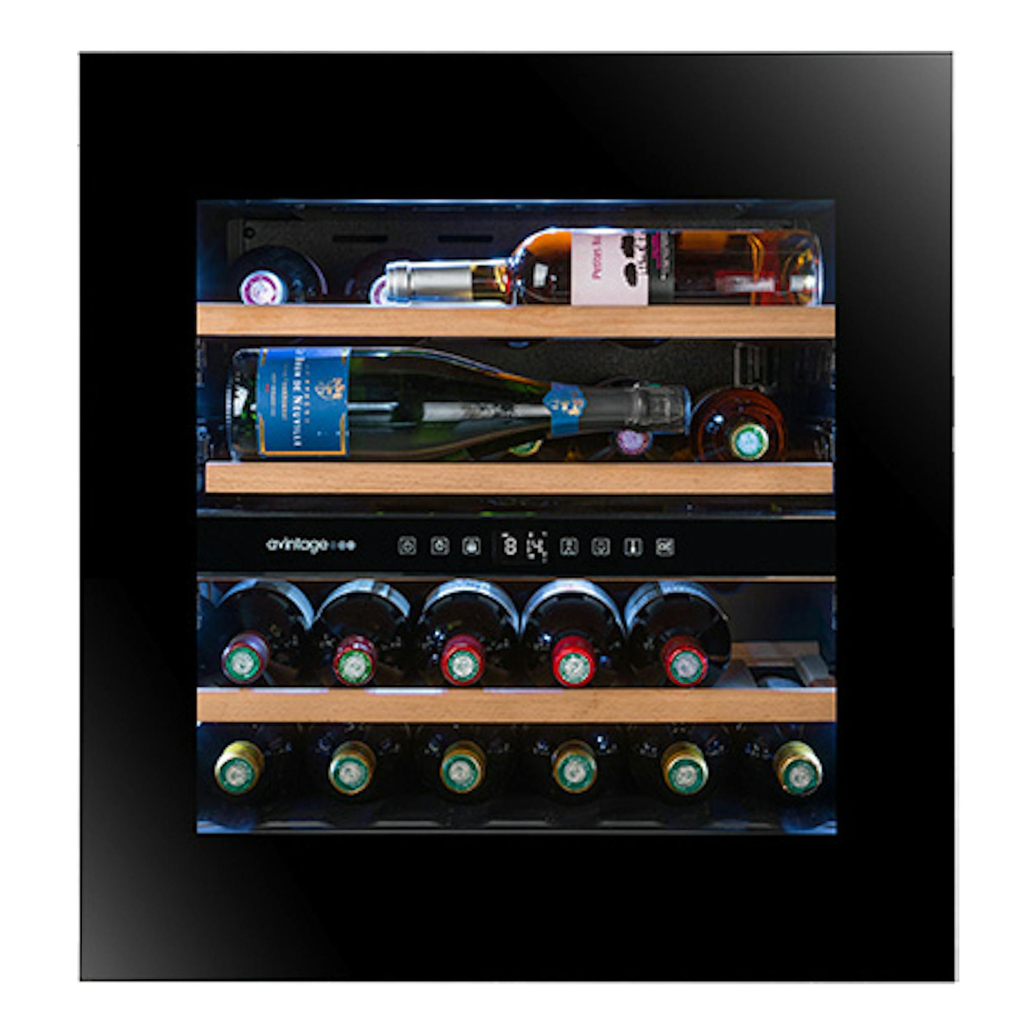 Vinoteca Avintage AVI60PLATINUM negra, vista frontal, con botellas en estantes de madera y display central.