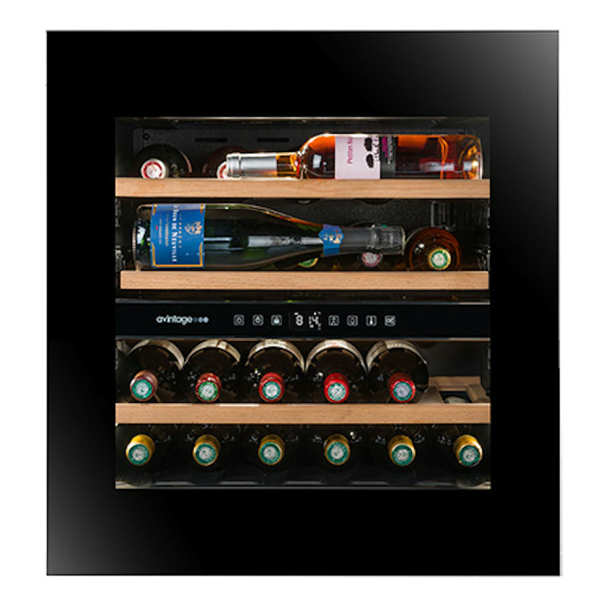 Vinoteca Avintage AVI60PLATINUM integrable, vista frontal, negra, con botellas y estantes de madera.