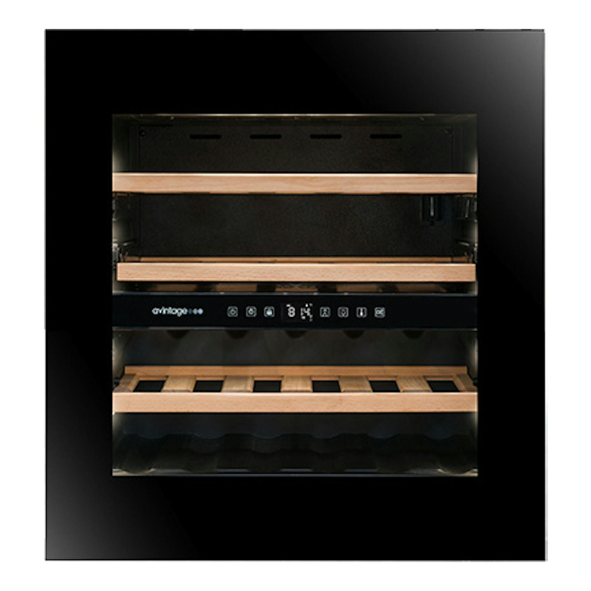 Vinoteca Avintage AVI60PLATINUM negra, vista frontal, con baldas de madera y panel de control digital.