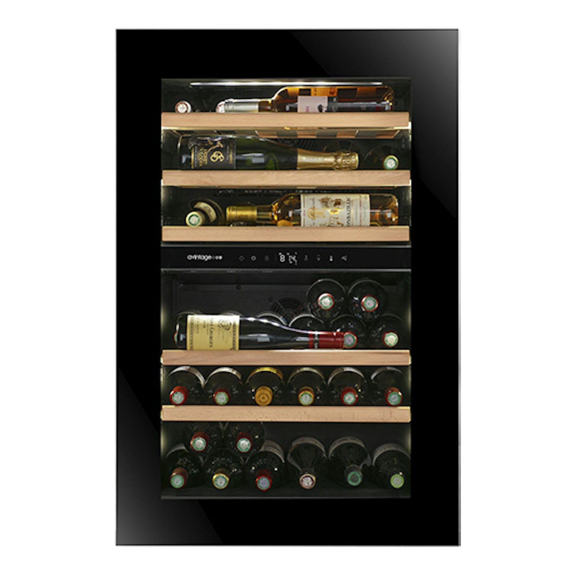 Vinoteca Avintage AVI88PLATINUM negra, vista frontal, con puerta de vidrio y botellas en estantes de madera.