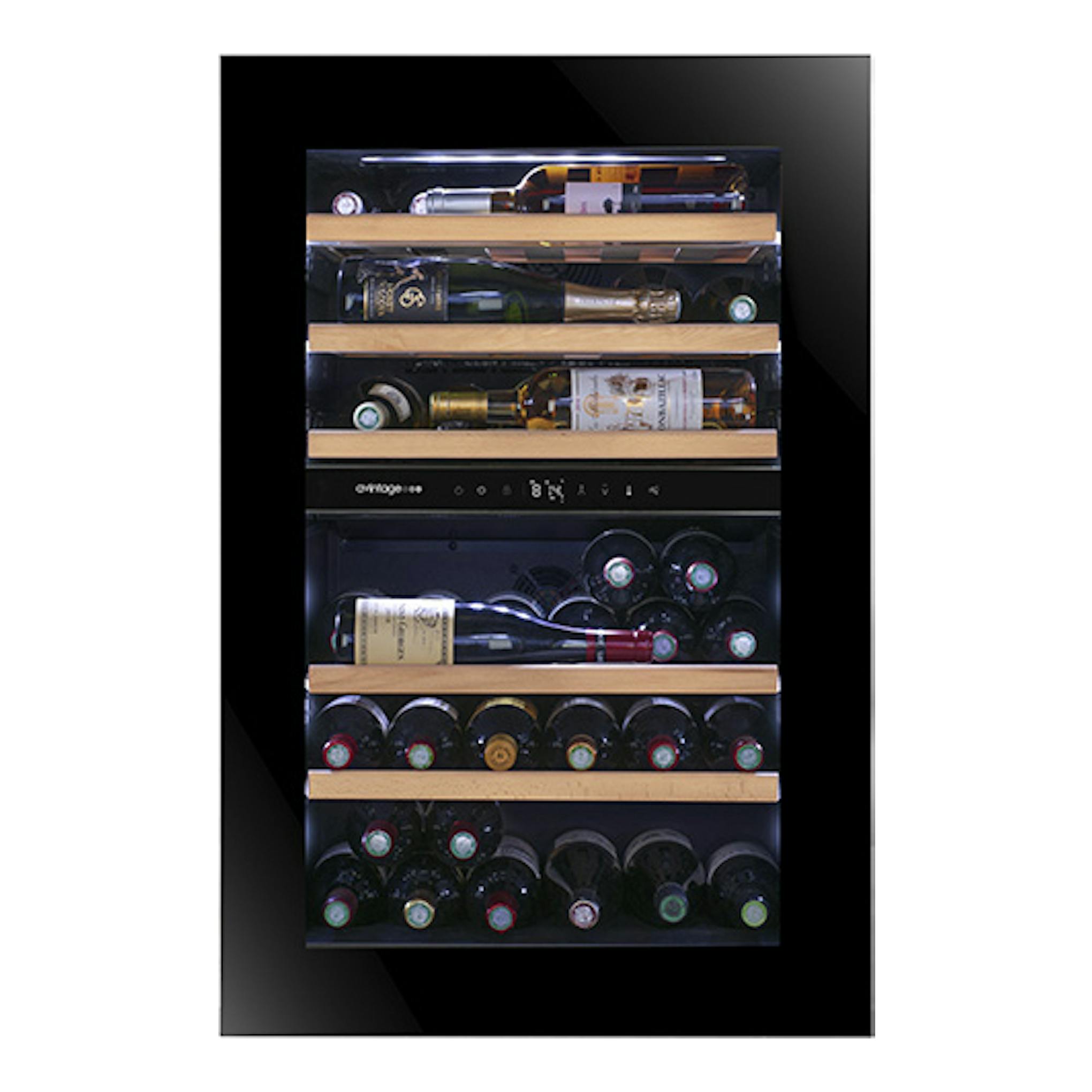 Vinoteca Avintage AVI88PLATINUM negra, vista frontal, con baldas de madera y botellas.