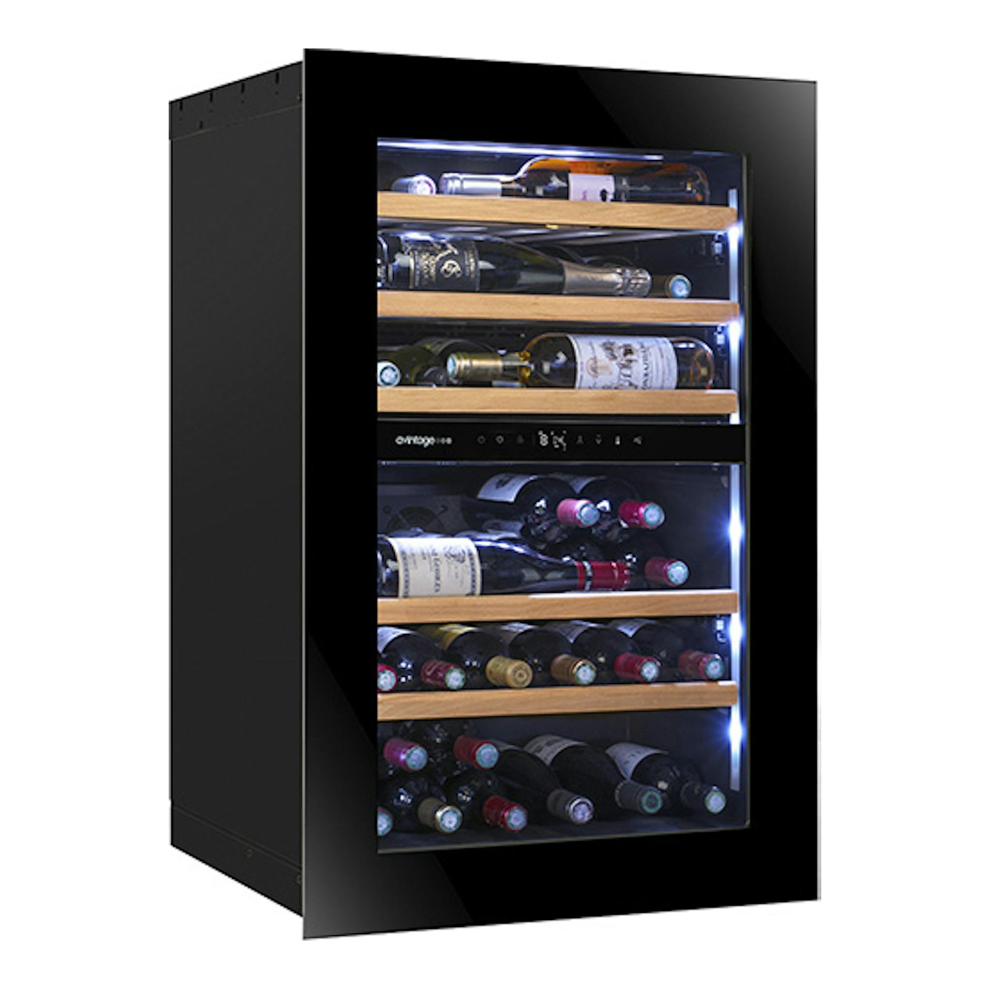 Vinoteca Avintage AVI88PLATINUM negra, vista frontal, con puerta de cristal y baldas de madera para botellas.
