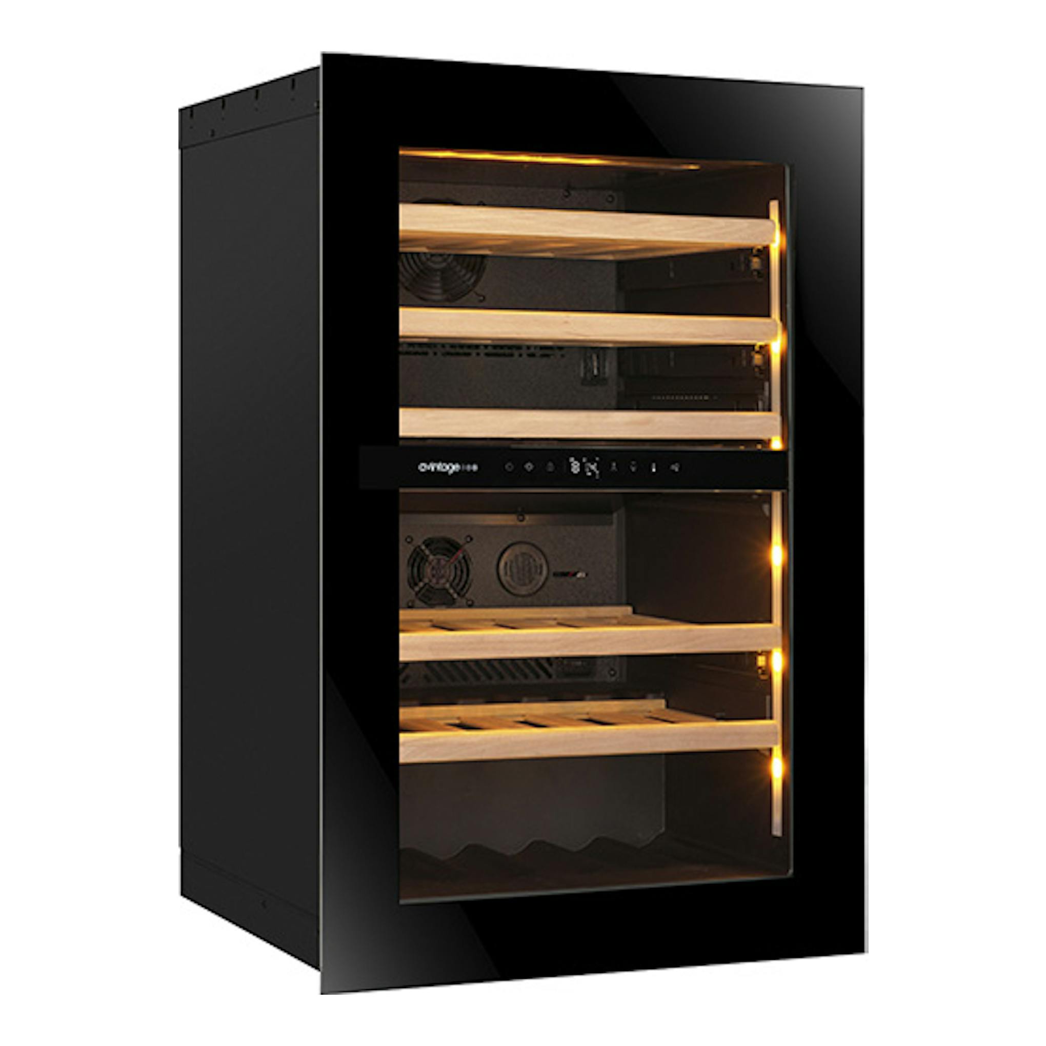 Vinoteca Avintage AVI88PLATINUM negra, vista frontal, con puerta de cristal y estantes de madera iluminados.