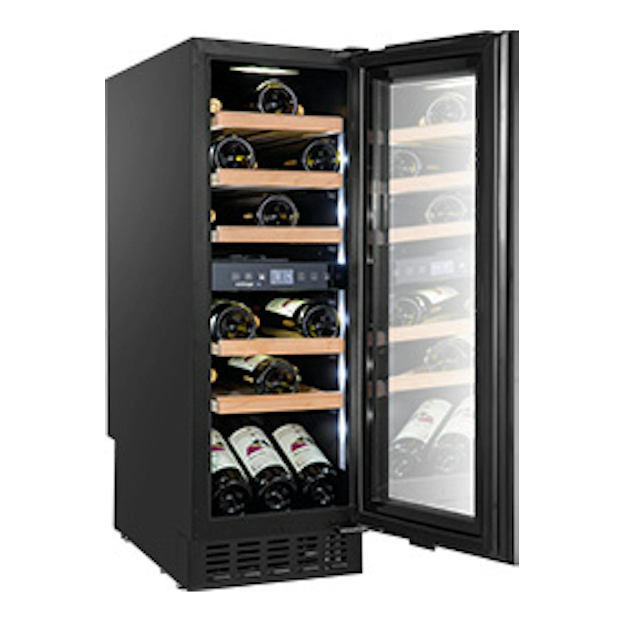 Vinoteca Avintage AVU31D88 negra, puerta frontal abierta, con botellas visibles en el interior.