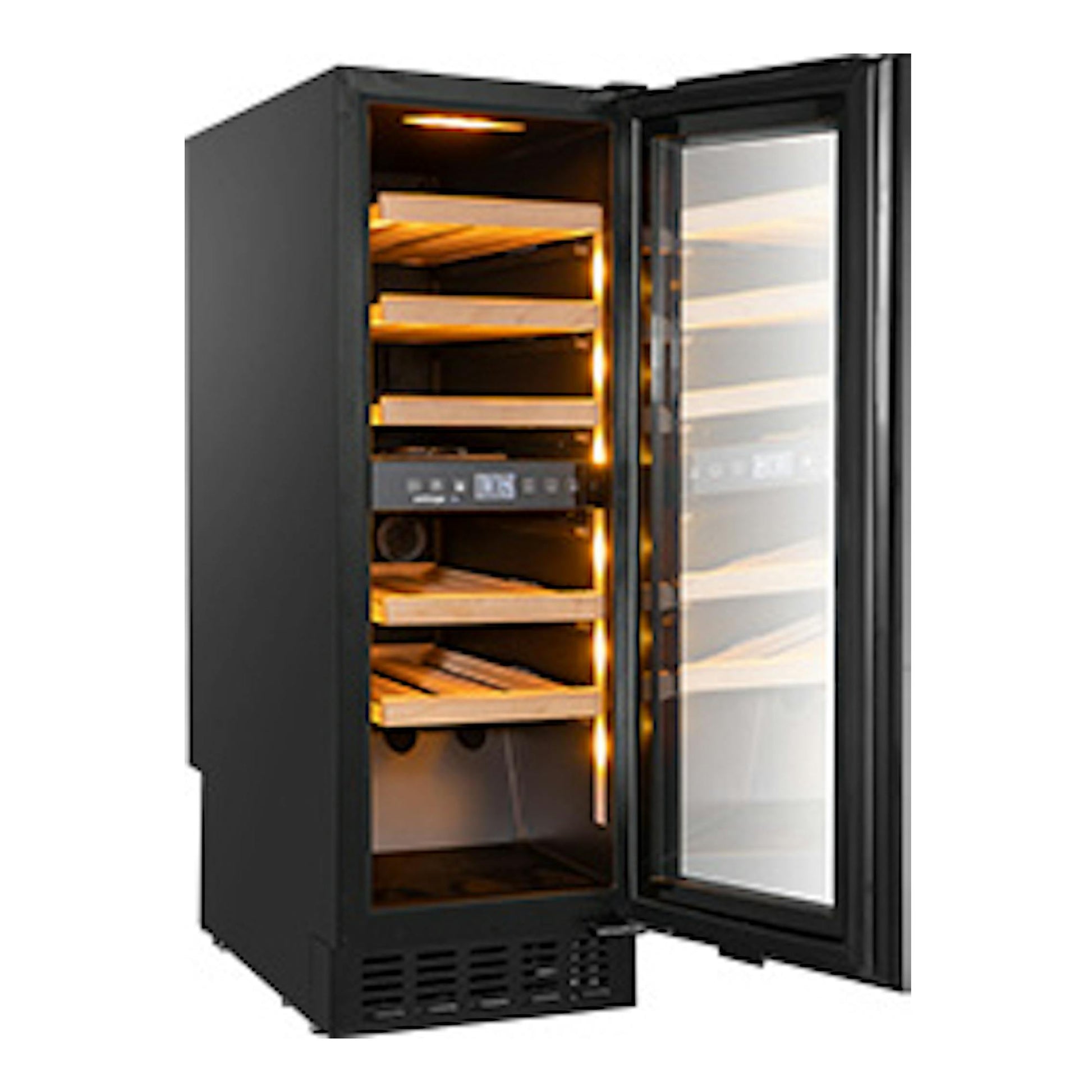 Vinoteca Avintage AVU31D88 negra, integrable, con puerta de cristal abierta y baldas interiores iluminadas.