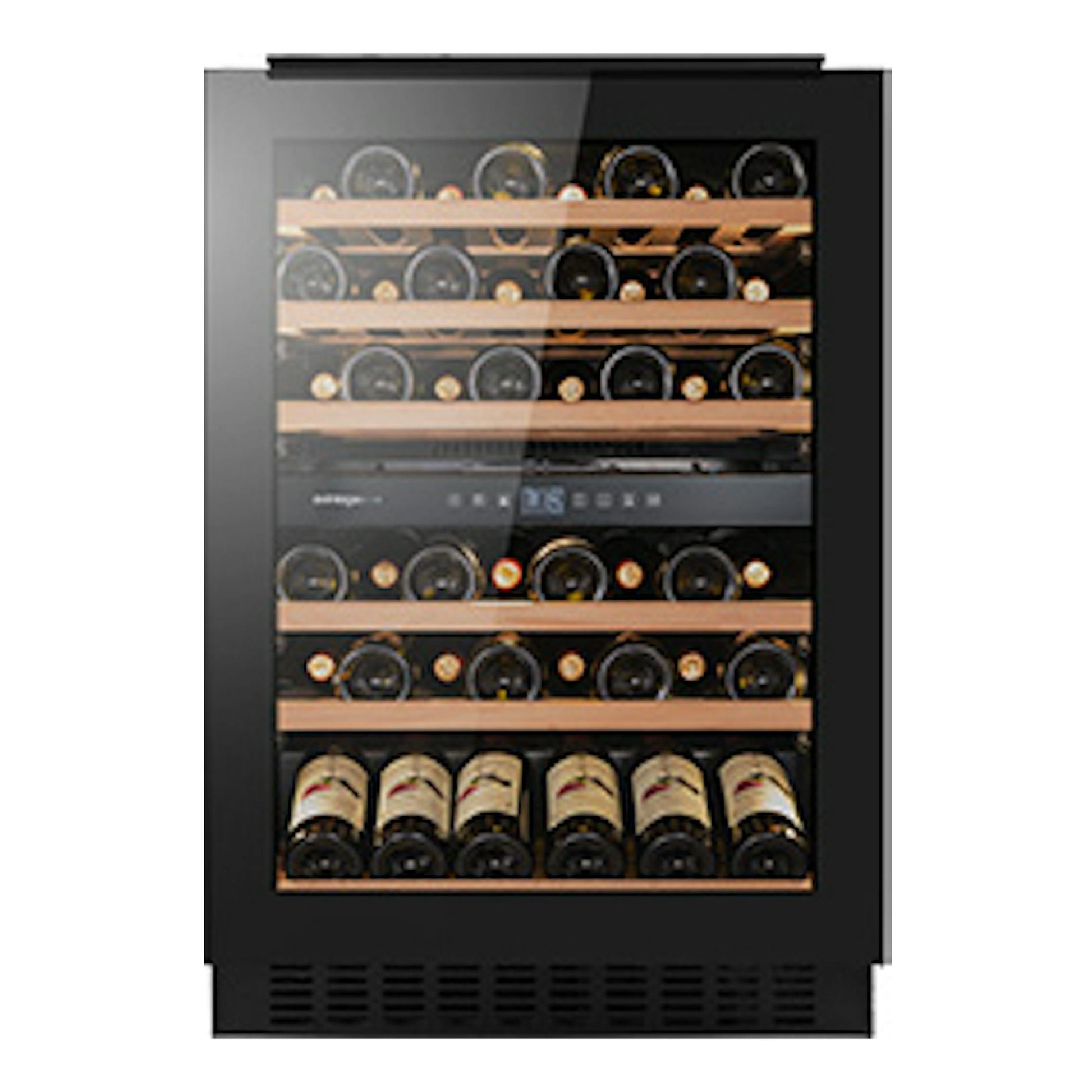 Vinoteca Avintage AVU61D88 negra, vista frontal, integrada, con estantes de madera y botellas.