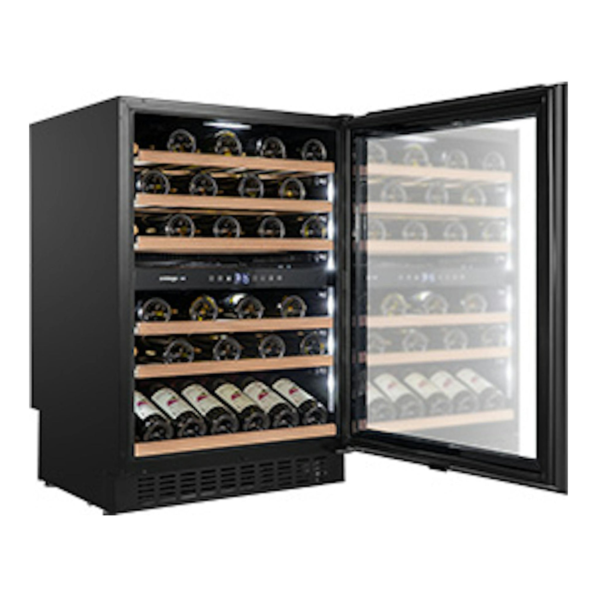 Vinoteca Avintage AVU61D88 negra, vista frontal en tres cuartos, puerta de vidrio abierta y botellas en el interior.