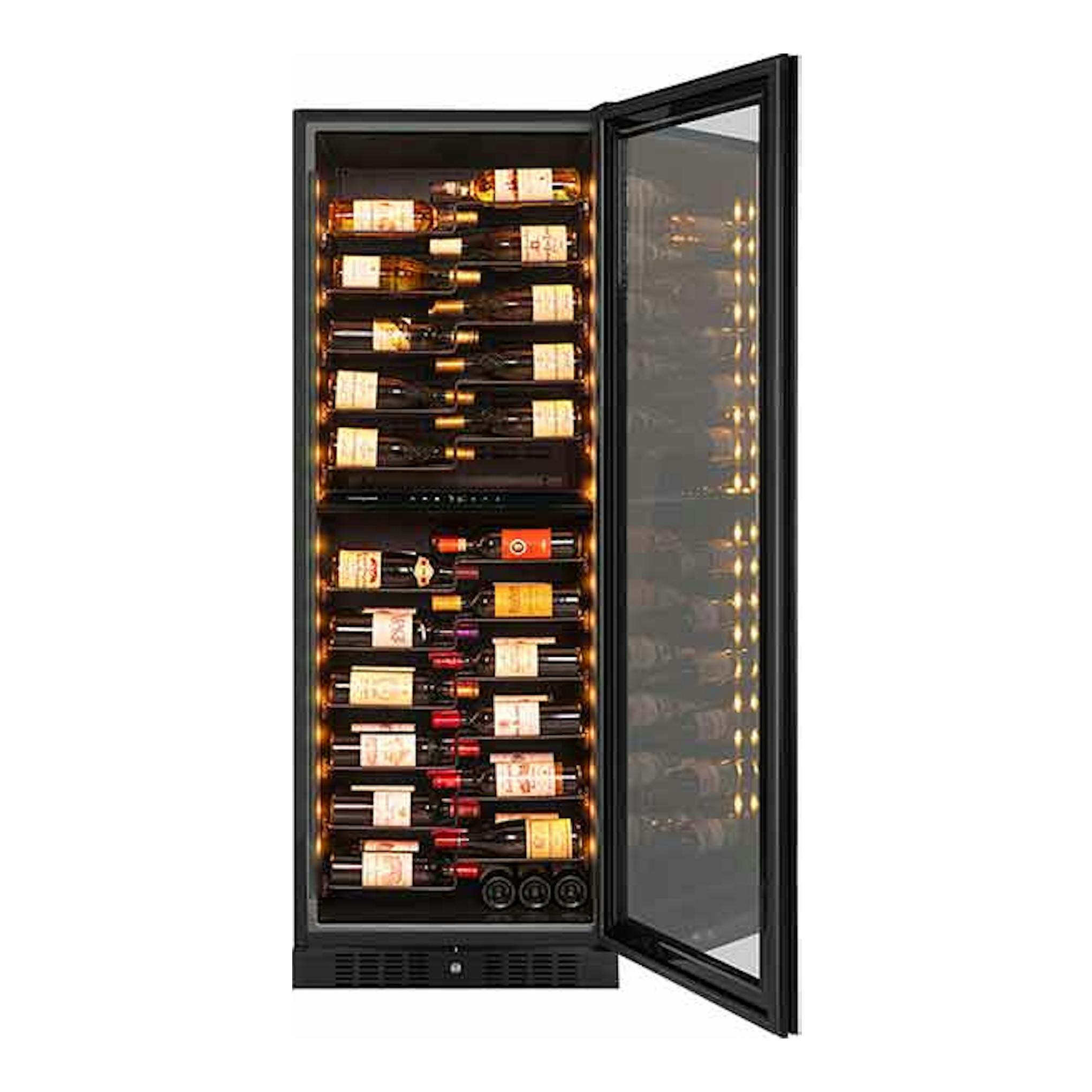 Vinoteca Avintage GALLERY negra, vista frontal, puerta de vidrio abierta y botellas en estantes iluminados.