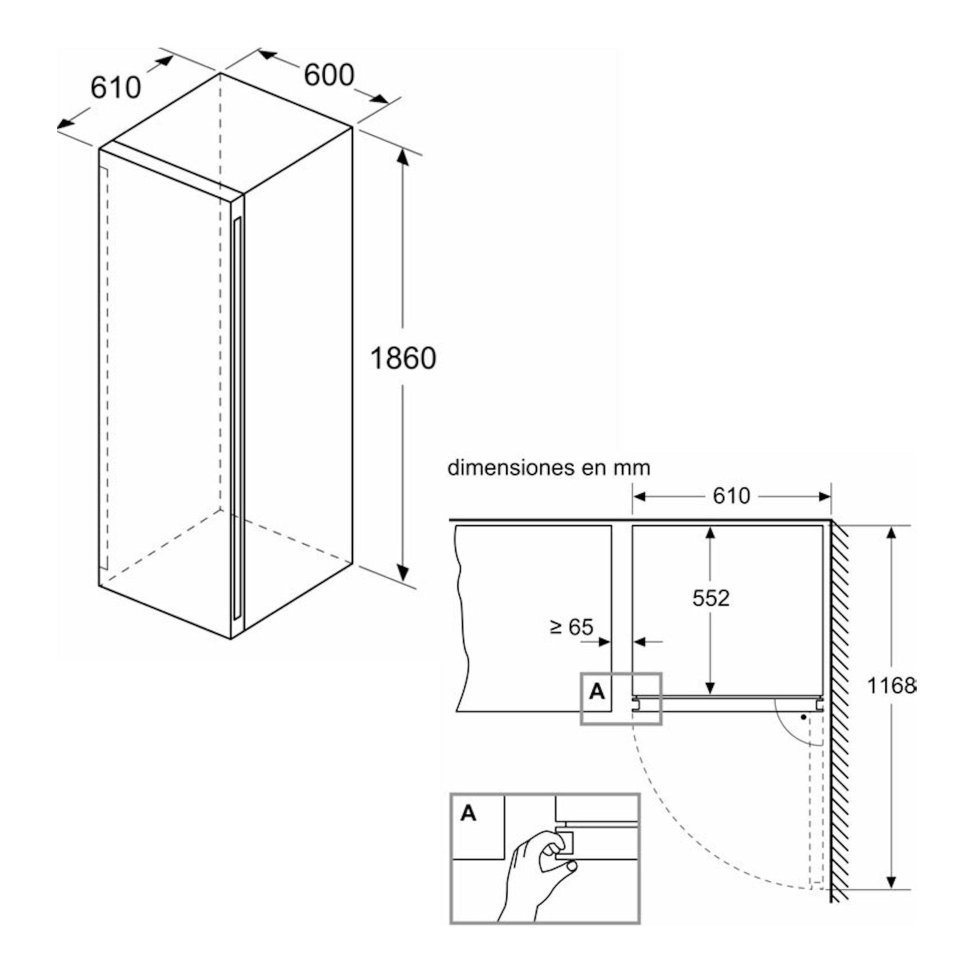 Bosch KWK36ABGA, esquema técnico de vinoteca con vistas isométrica y frontal, dimensiones en mm.