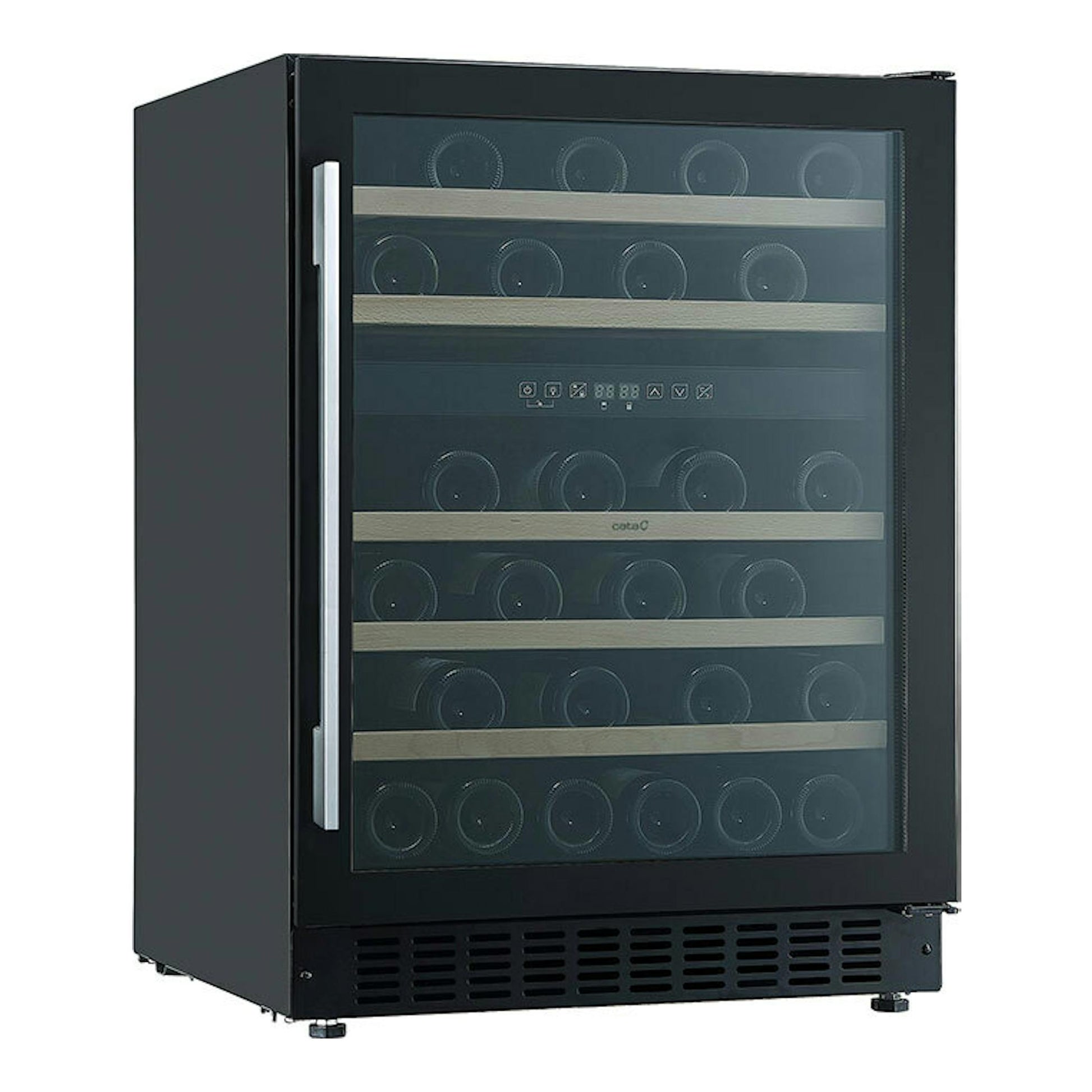 Vinoteca Cata VI59082BK negra, vista frontal en ángulo, con puerta de cristal y estantes interiores.