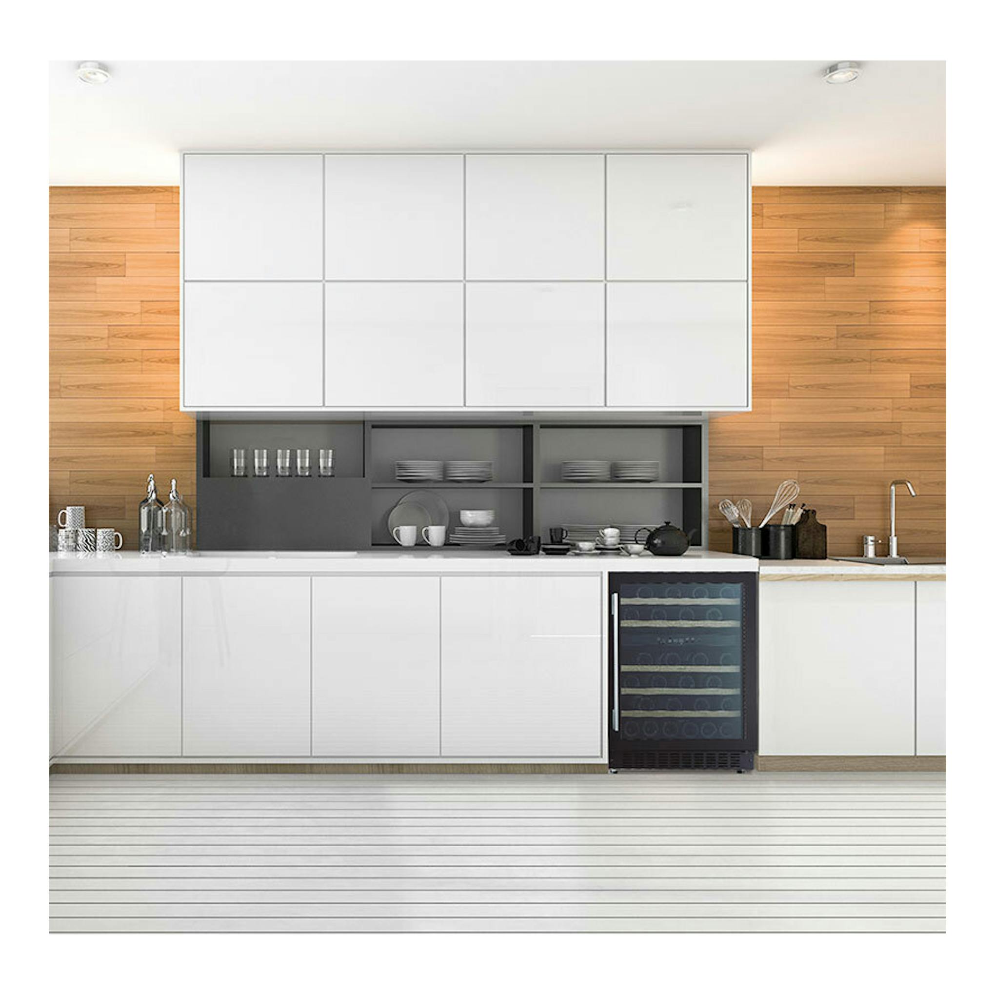 Vinoteca Cata VI59082BK negra, vista frontal empotrada en cocina blanca con puerta de cristal.