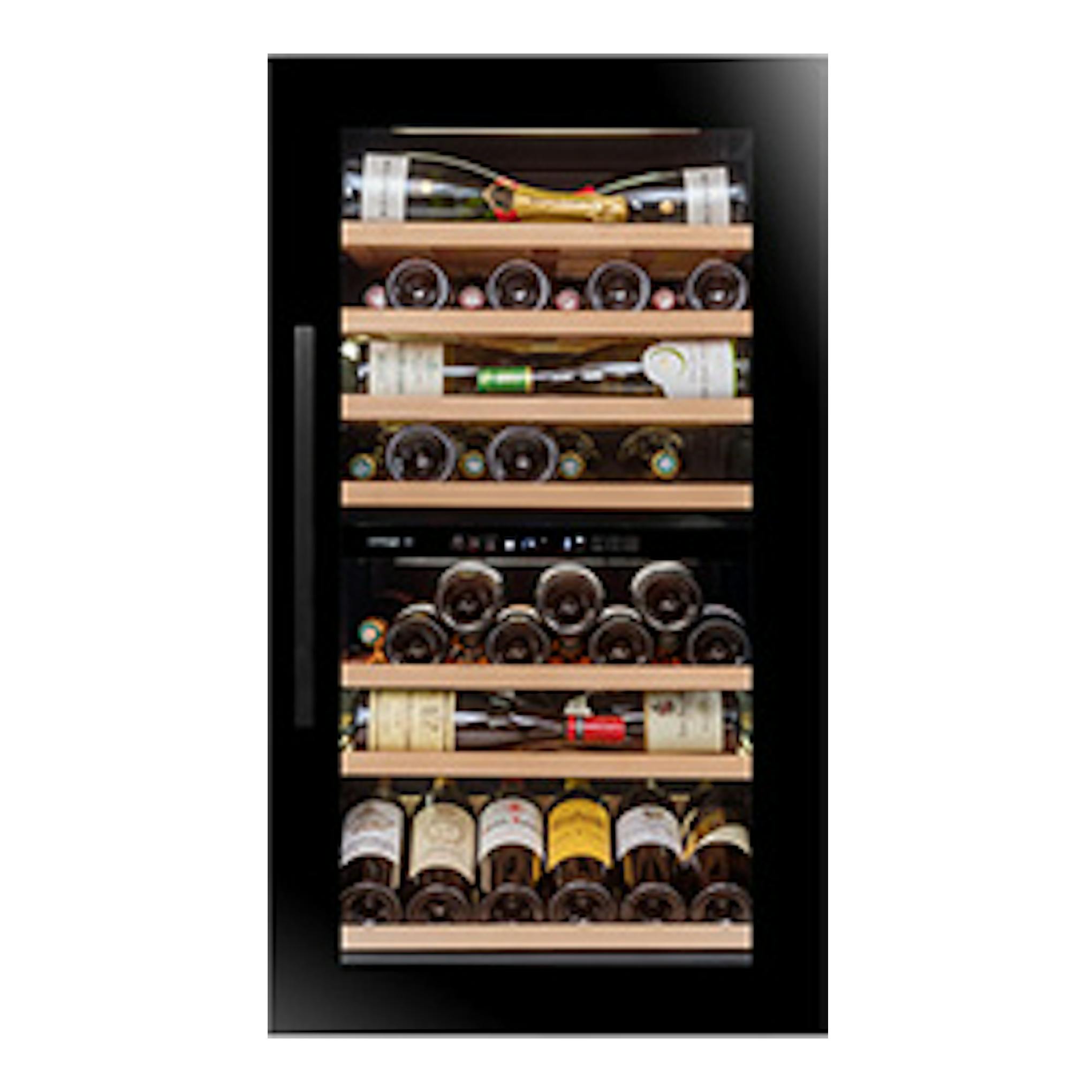 Vinoteca Avintage AVI105G2 negra, vista frontal, con puerta de cristal y botellas de vino visibles.