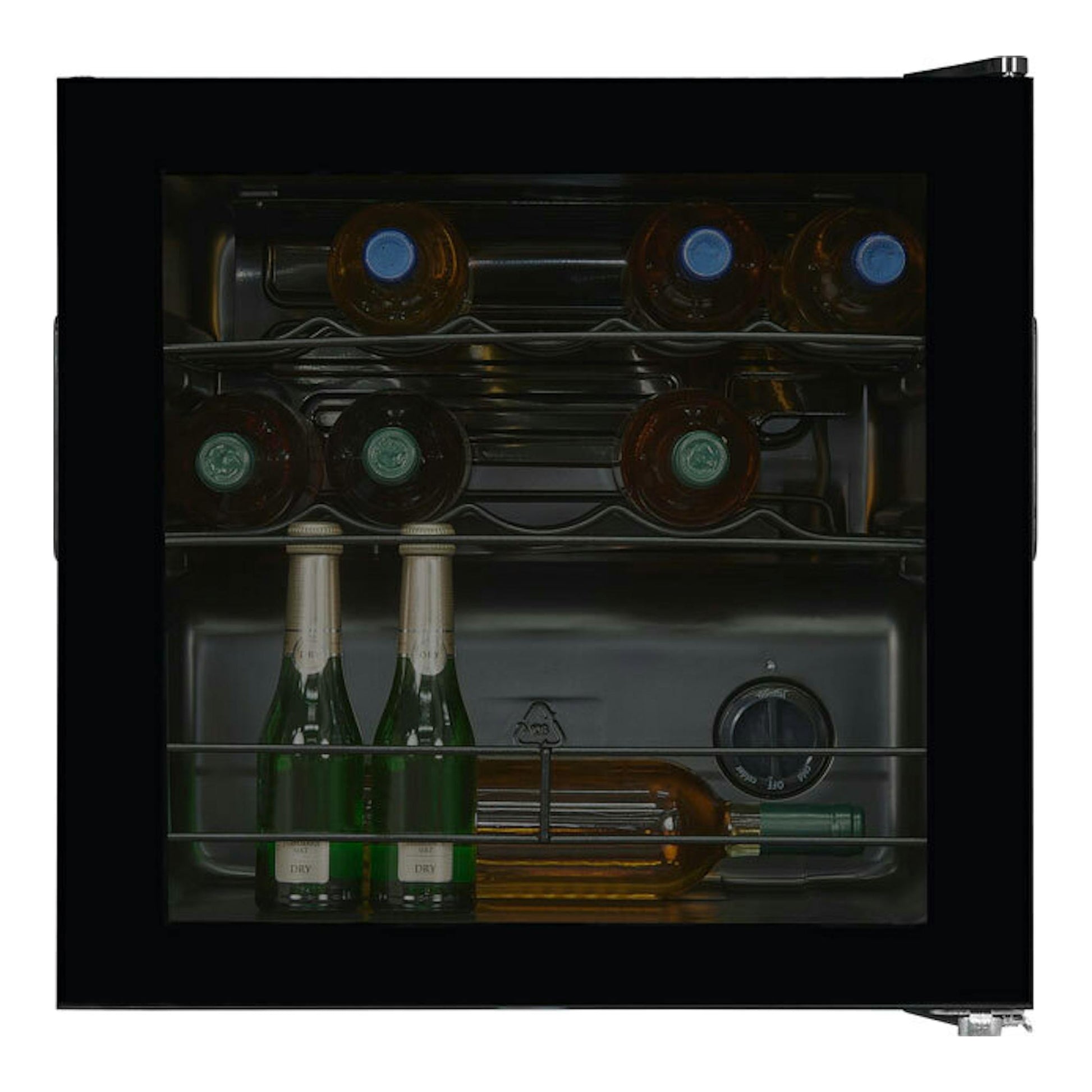 Vinoteca Exquisit WS1-12-GT-030G negra, vista frontal, con botellas de vino visibles tras puerta de cristal.