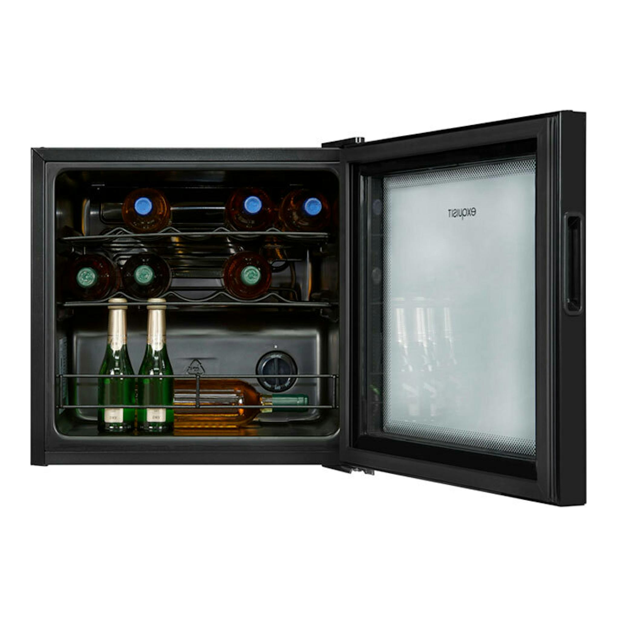 Vinoteca Exquisit WS1-12-GT-030G negra, vista frontal con puerta abierta y botellas dentro.