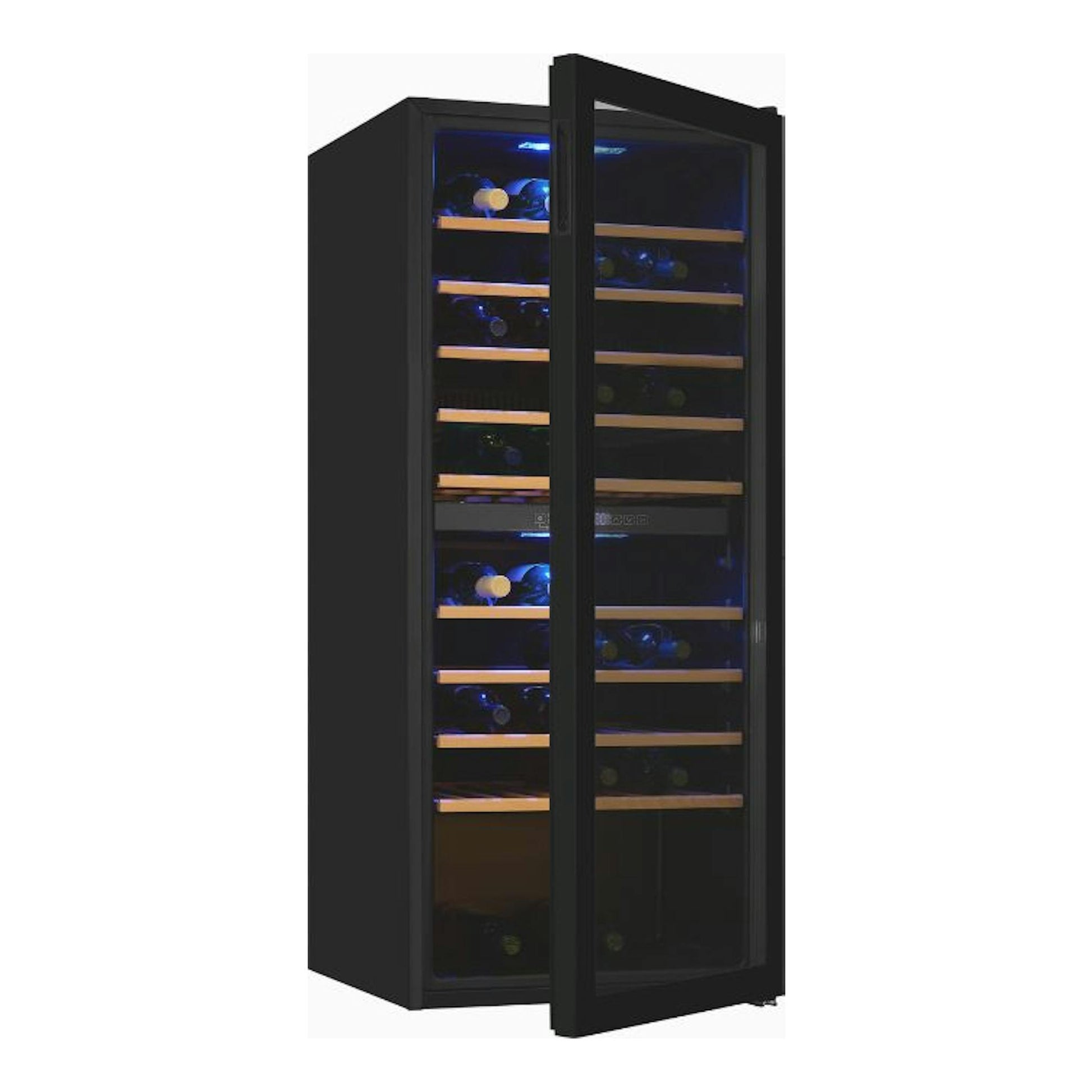 Vinoteca Exquisit WS2-114-GTE-160G negra, vista frontal en ángulo, puerta de cristal abierta e interior iluminado.